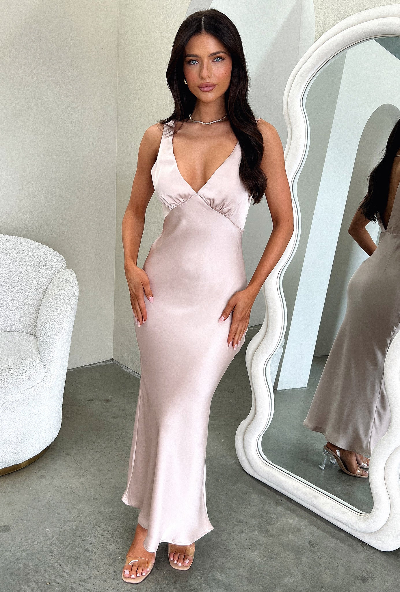 Delayne V-Neck Satin Midi Dress - Champagne-Coutiqo