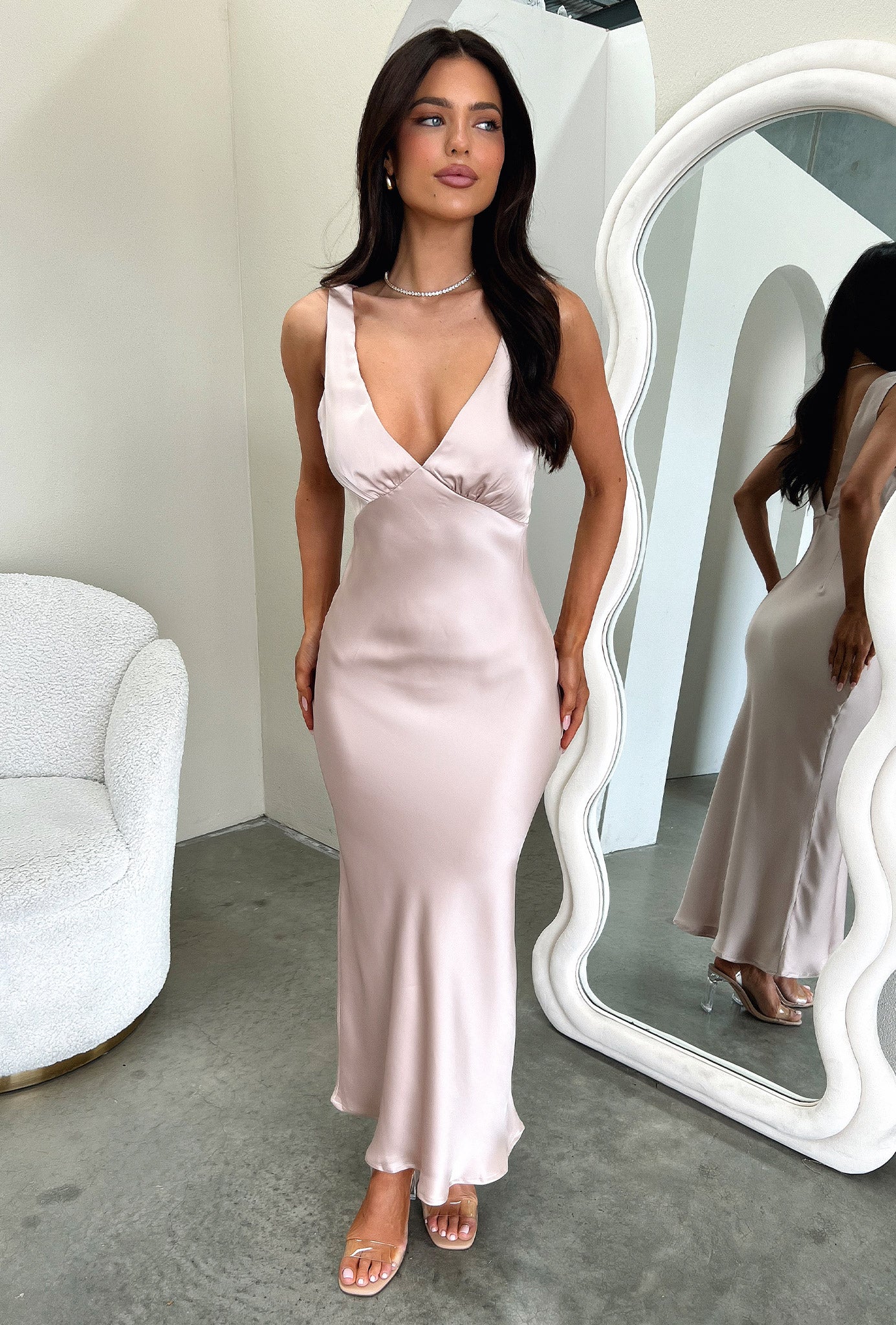 Delayne V-Neck Satin Midi Dress - Champagne-Coutiqo