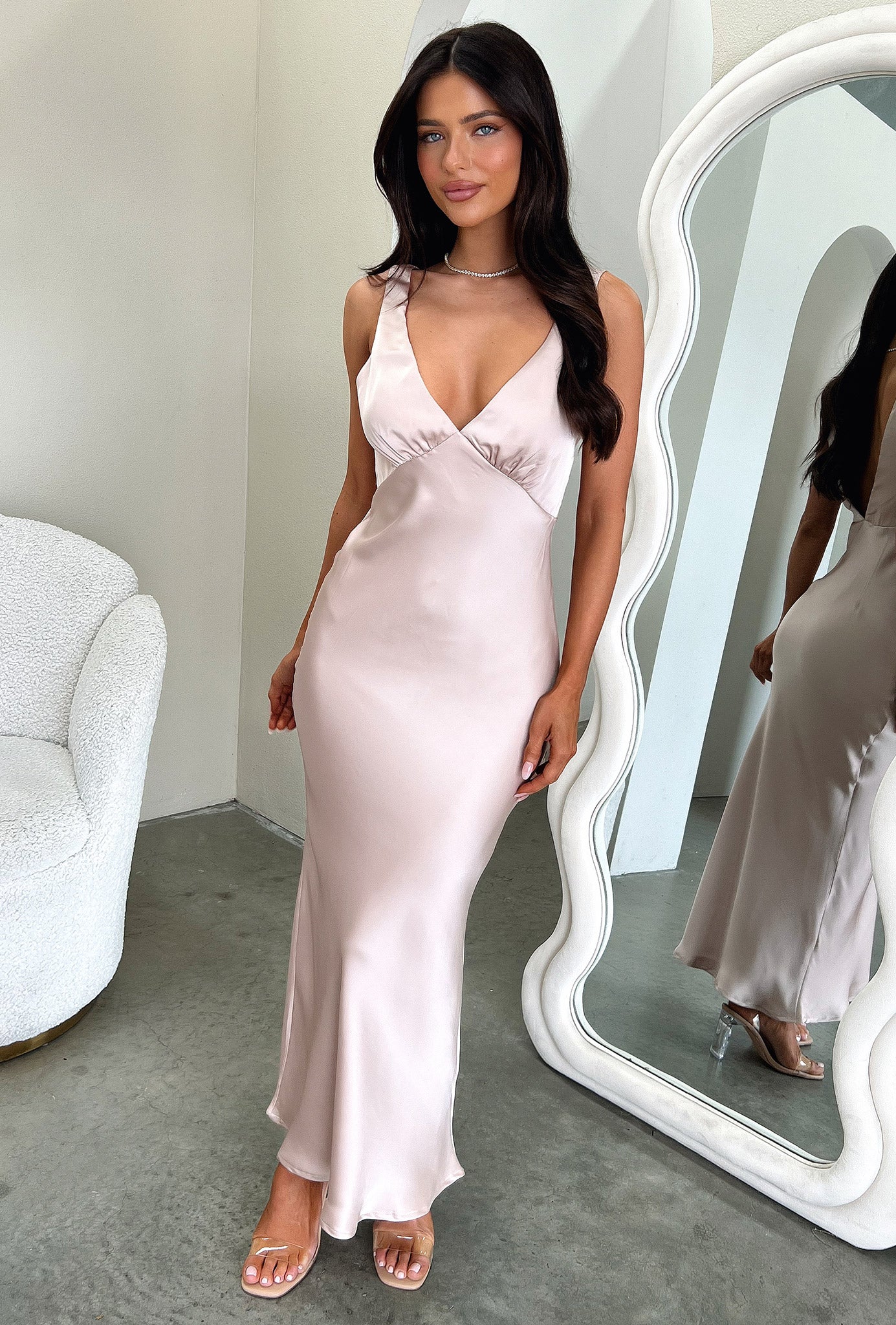 Delayne V-Neck Satin Midi Dress - Champagne-Coutiqo