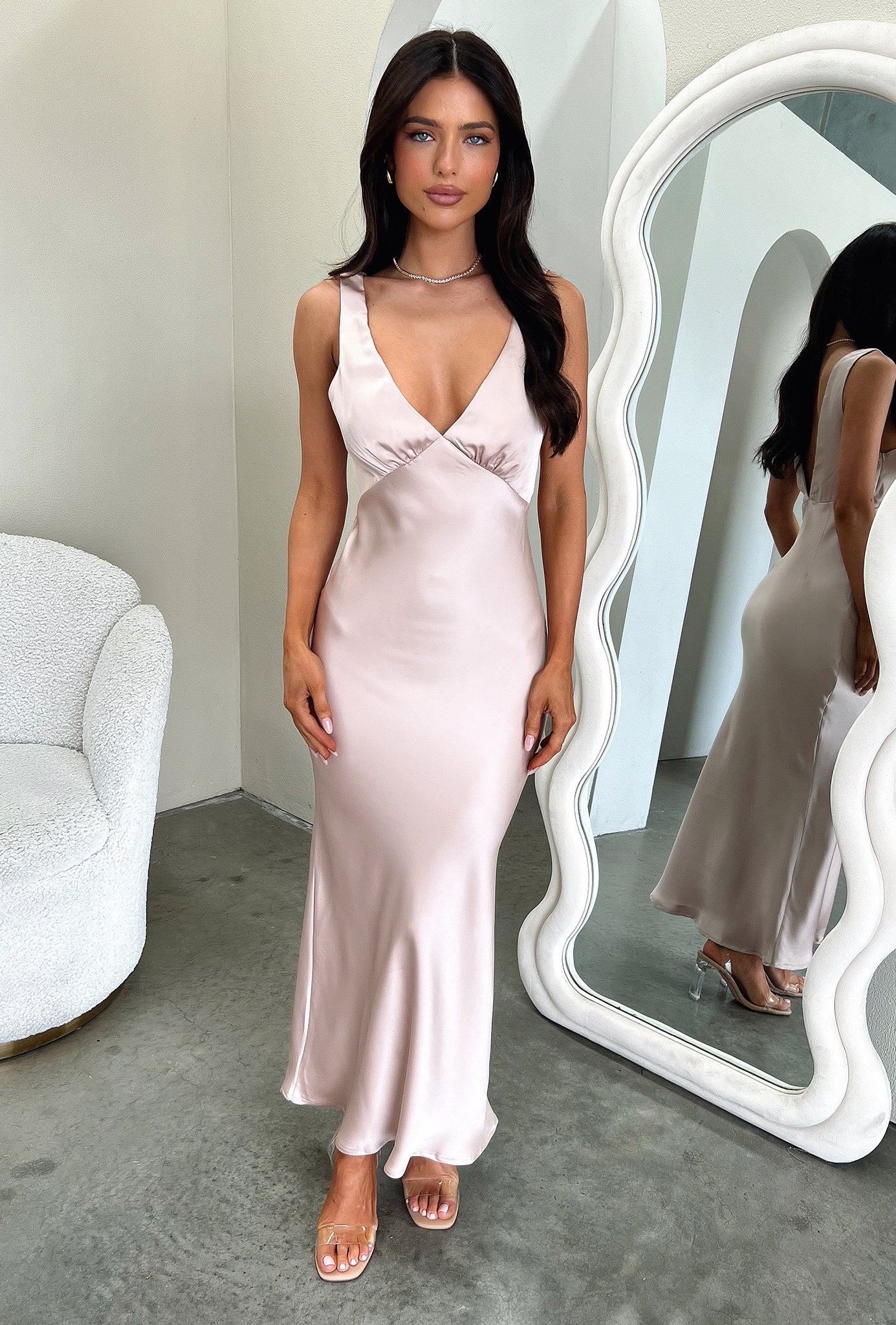 Delayne V-Neck Satin Midi Dress - Champagne-Coutiqo