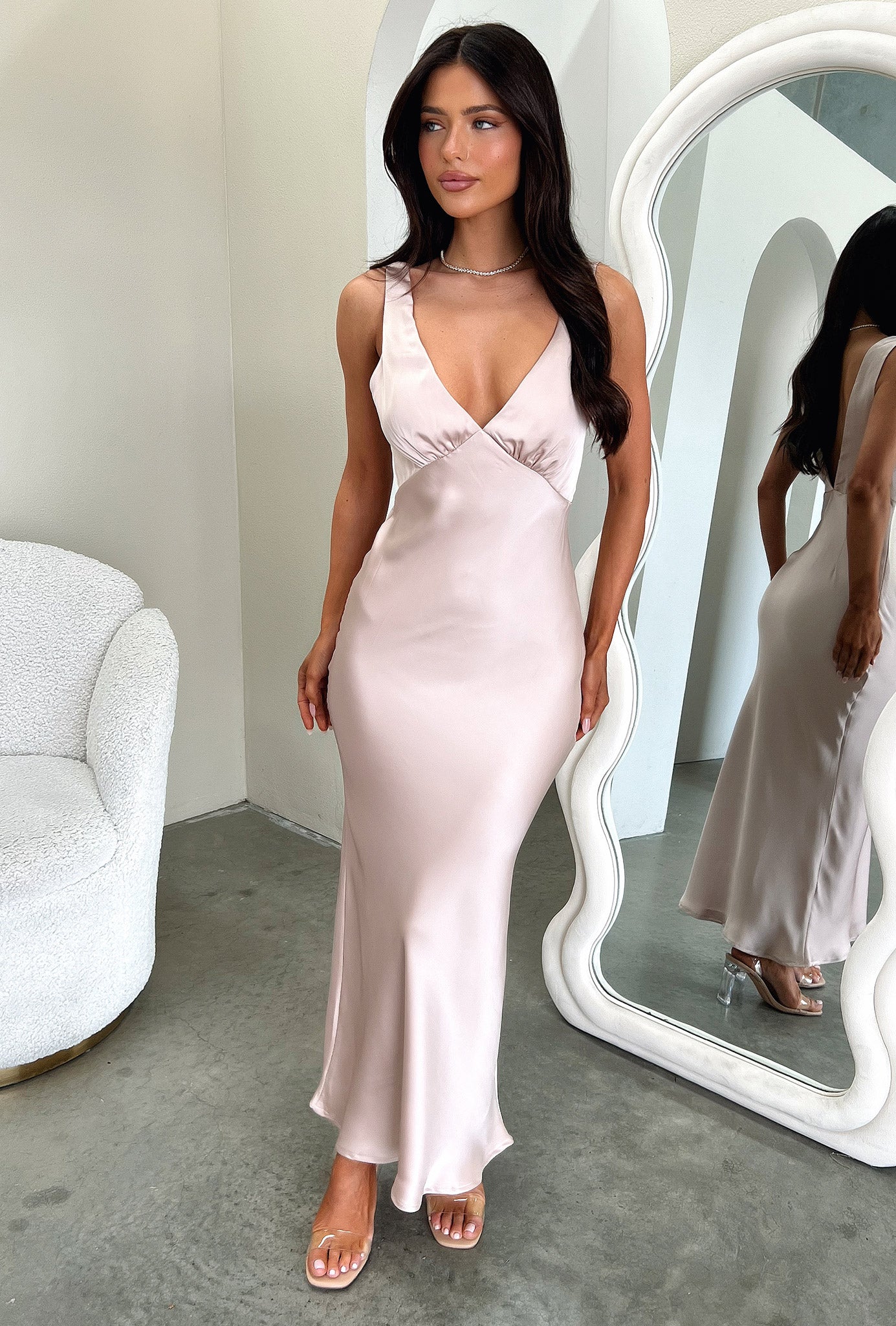 Delayne V-Neck Satin Midi Dress - Champagne-Coutiqo