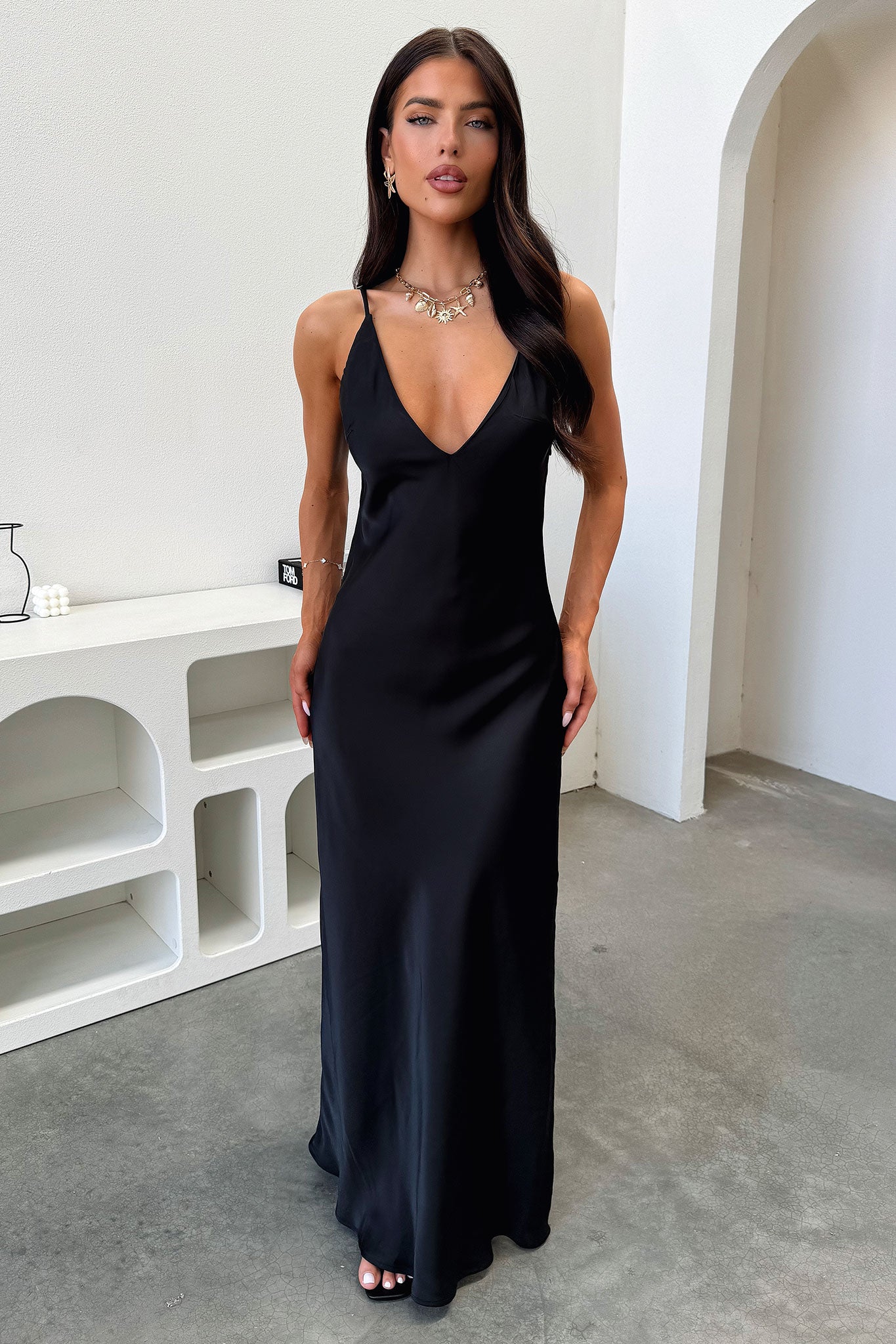 Delilah V-Neck Satin Maxi Dress - Black-Coutiqo