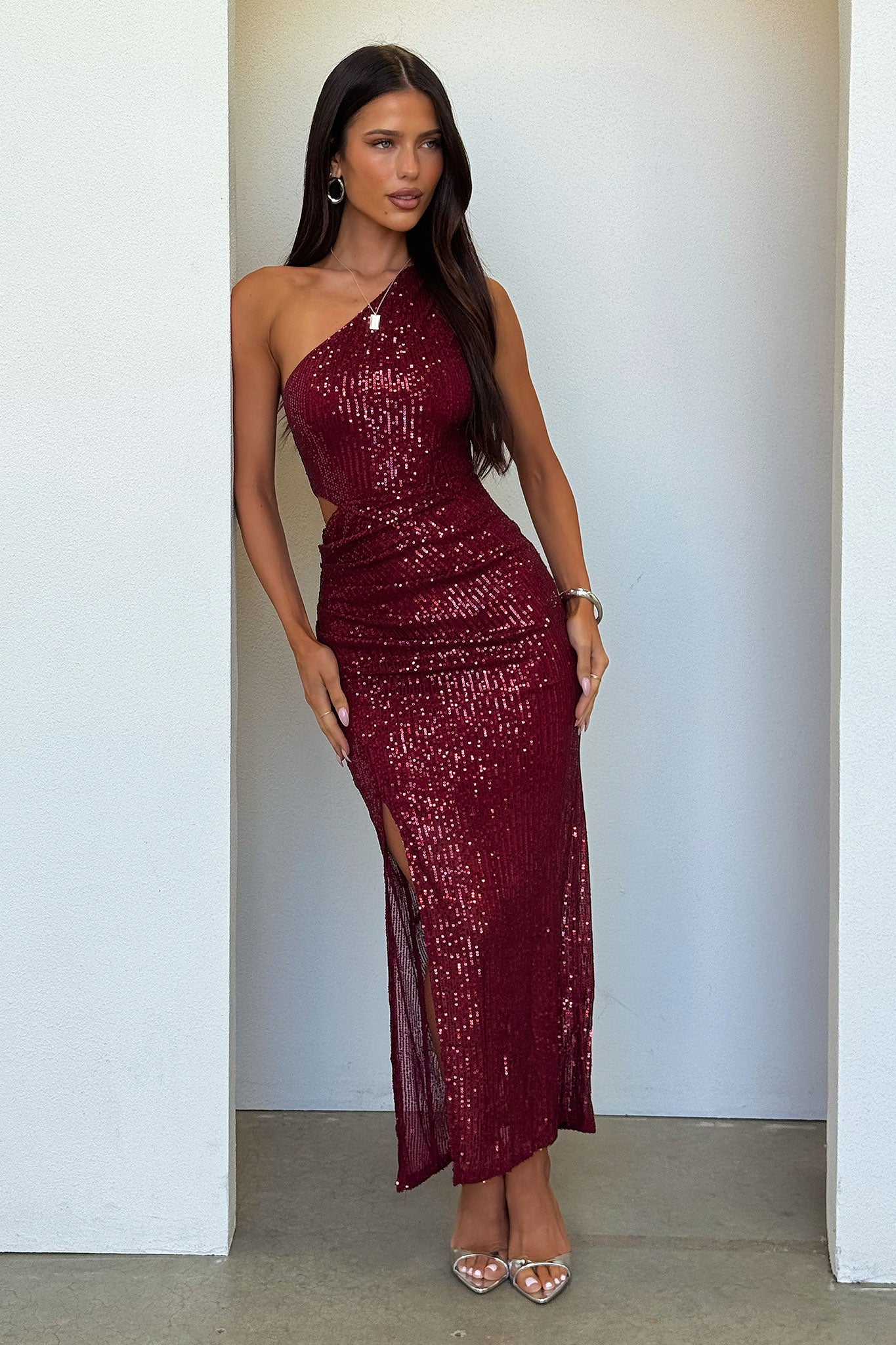 Dura One Shoulder Sequin Midi Dress - Burgundy-Coutiqo