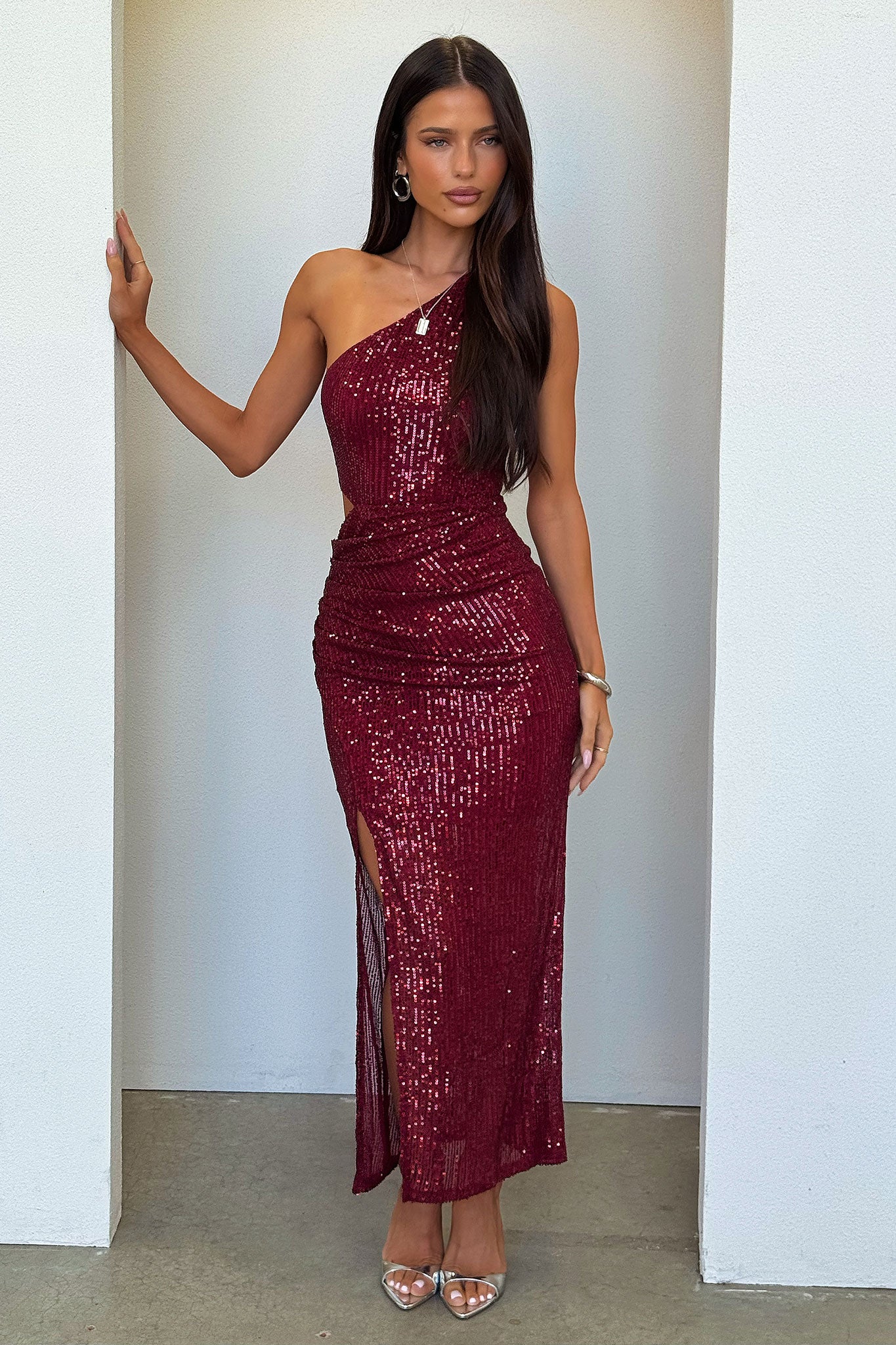 Dura One Shoulder Sequin Midi Dress - Burgundy-Coutiqo