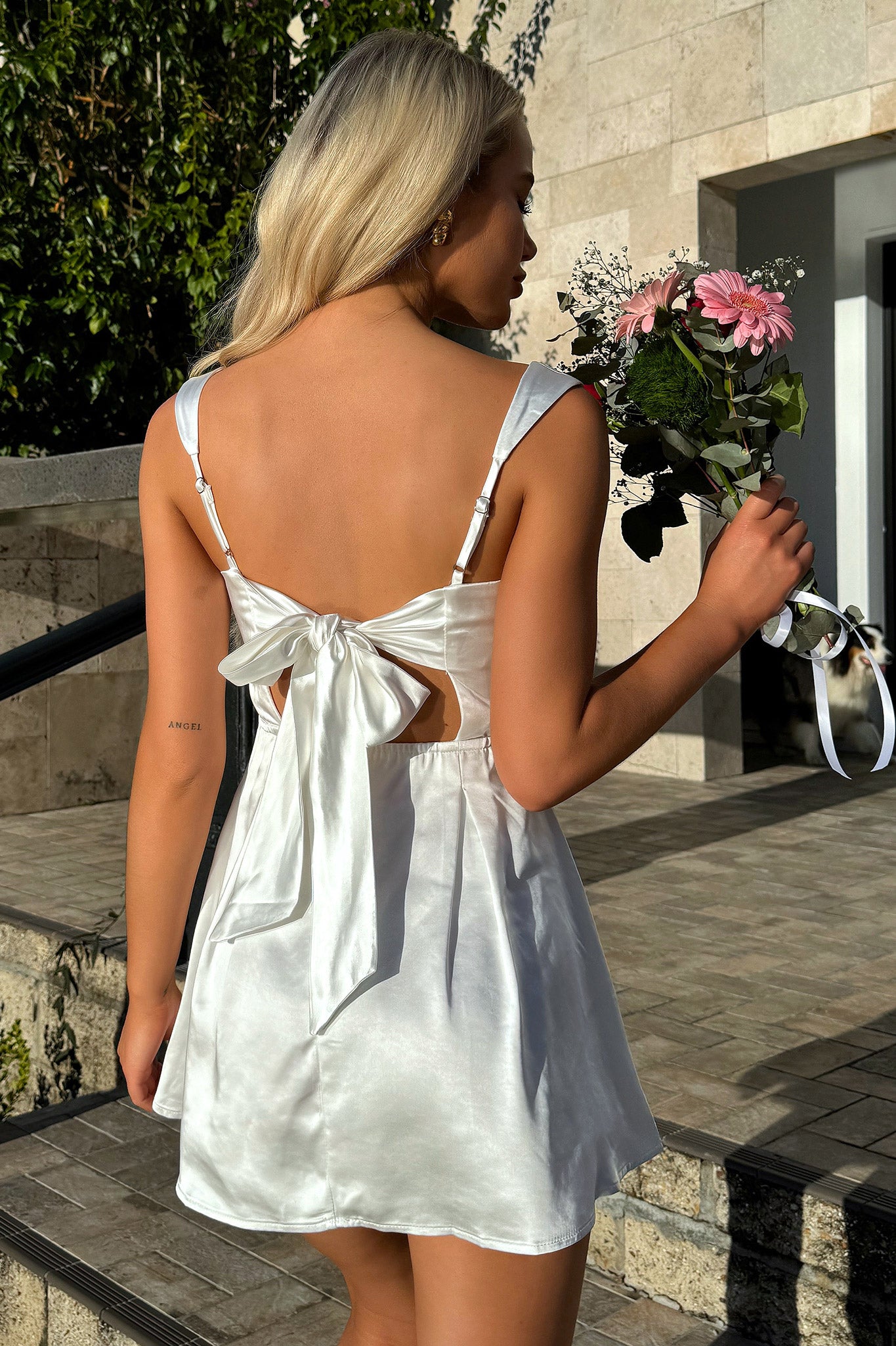 Edina Satin Mini Dress - White-Coutiqo