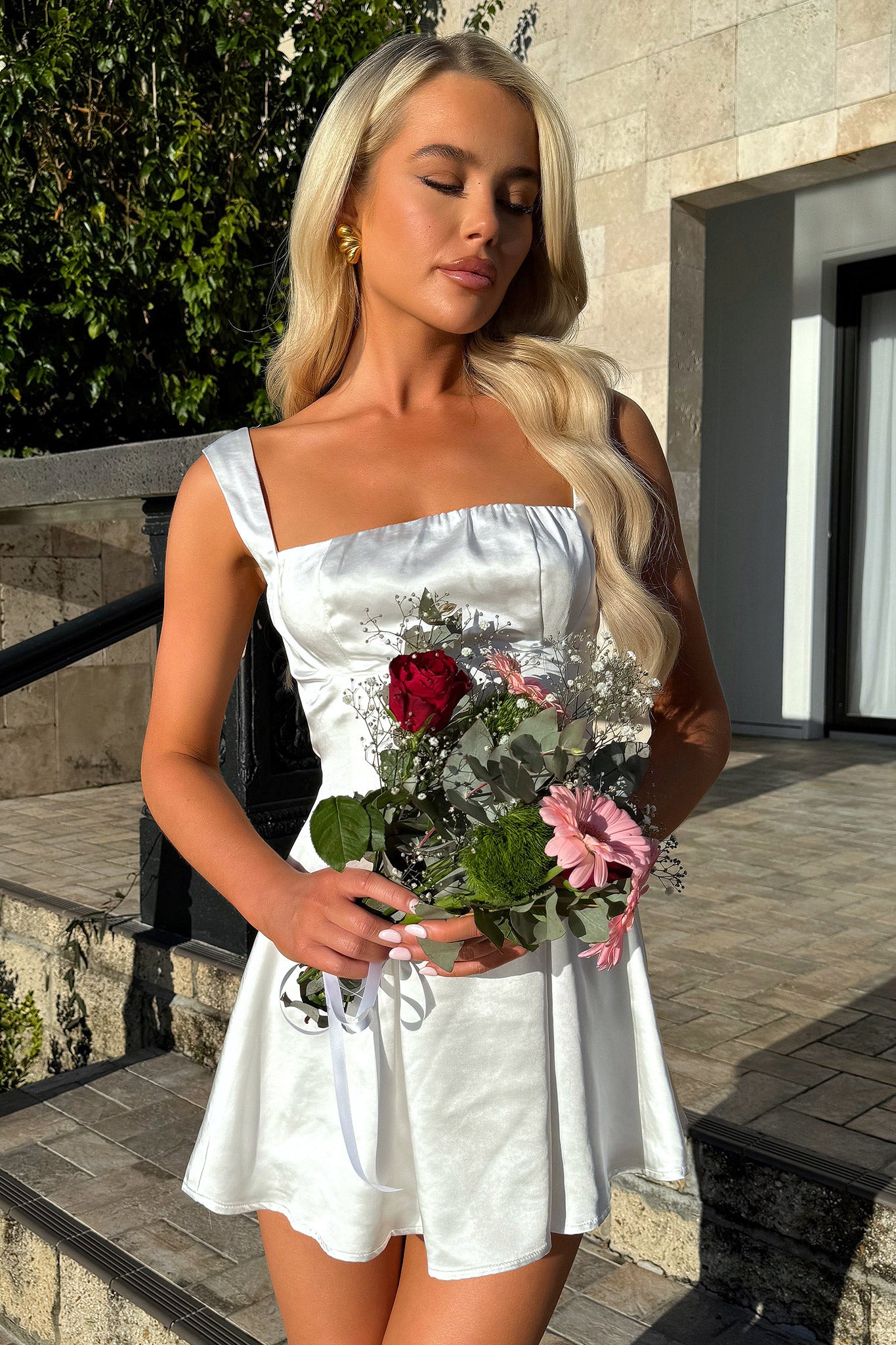 Edina Satin Mini Dress - White-Coutiqo