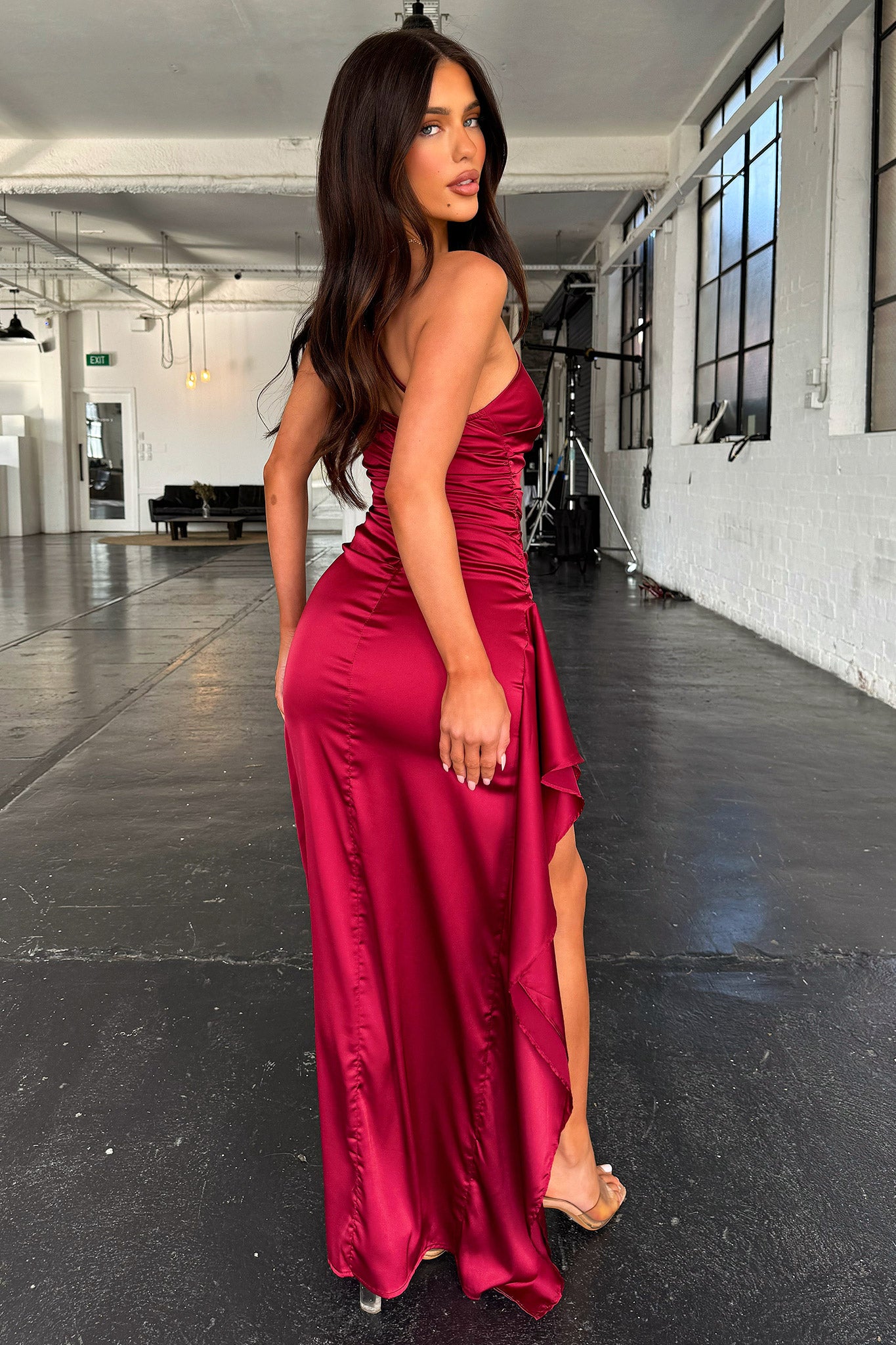 Elianna One Shoulder Satin Maxi Dress - Burgundy-Coutiqo
