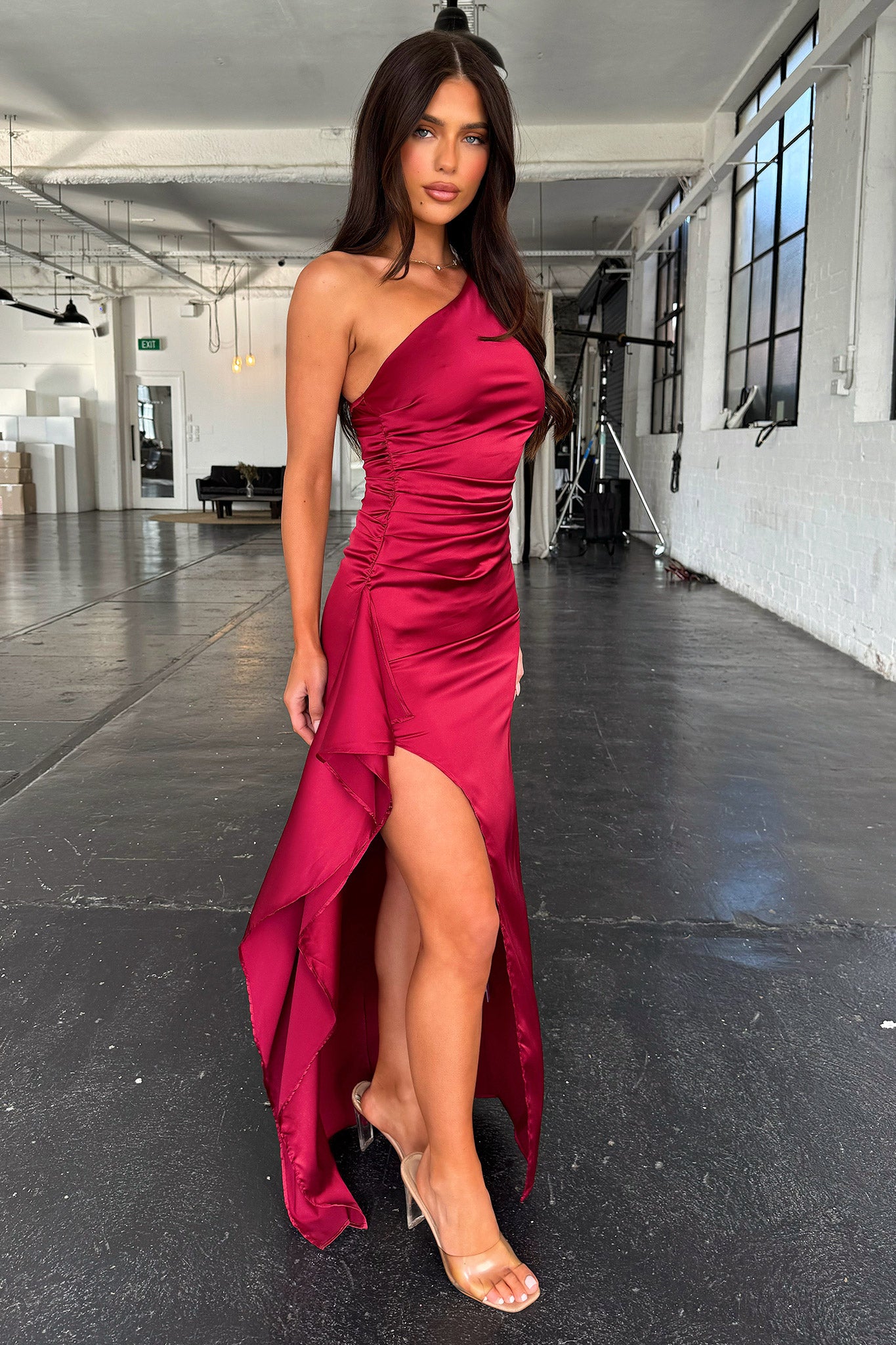 Elianna One Shoulder Satin Maxi Dress - Burgundy-Coutiqo