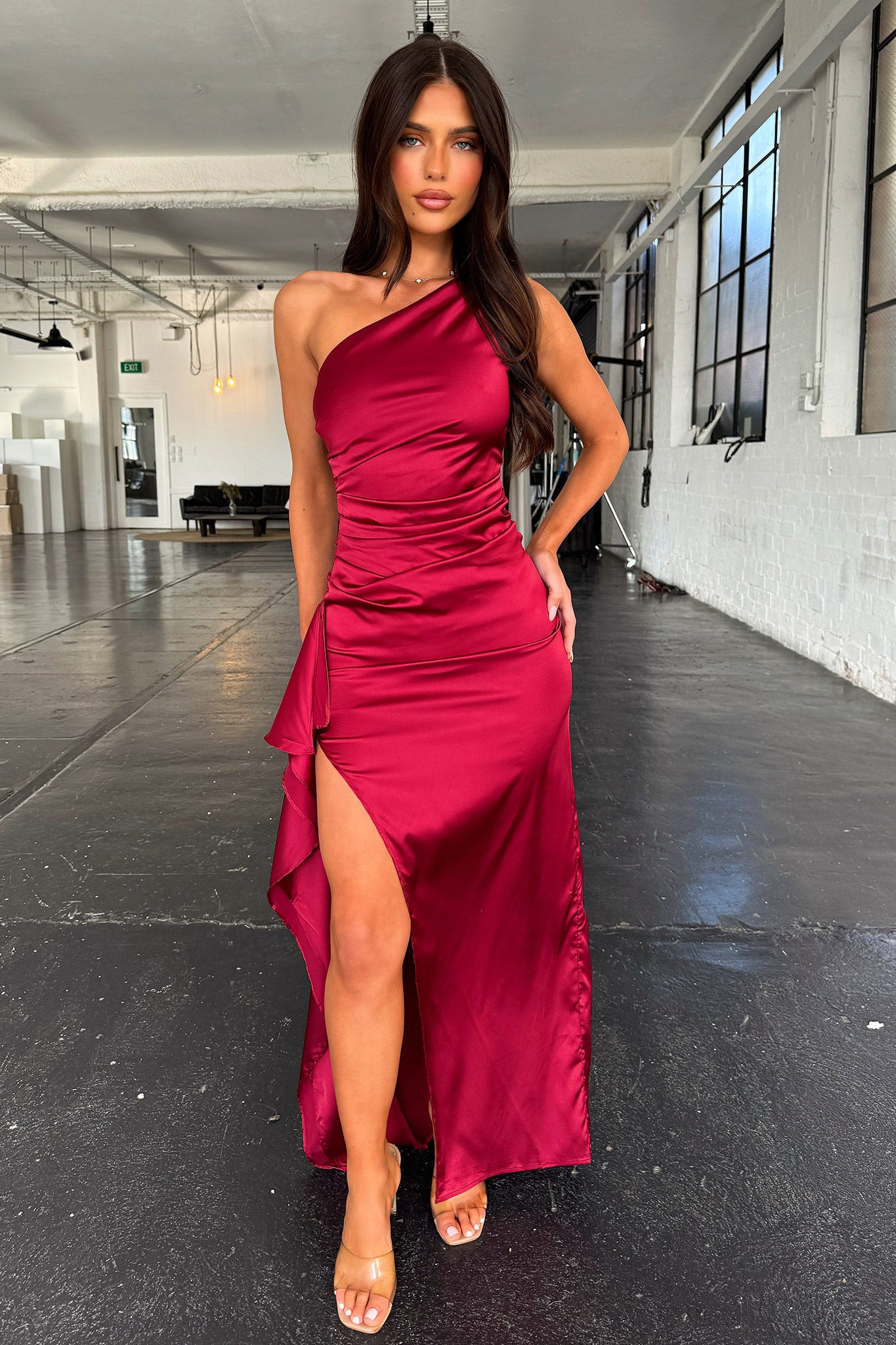 Elianna One Shoulder Satin Maxi Dress - Burgundy-Coutiqo