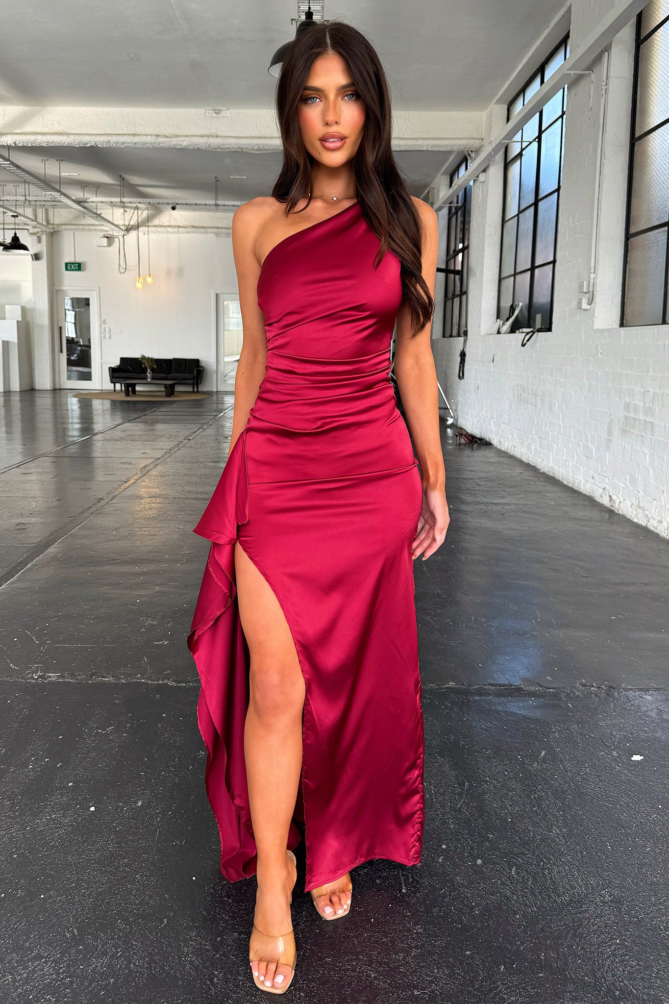 Elianna One Shoulder Satin Maxi Dress - Burgundy-Coutiqo