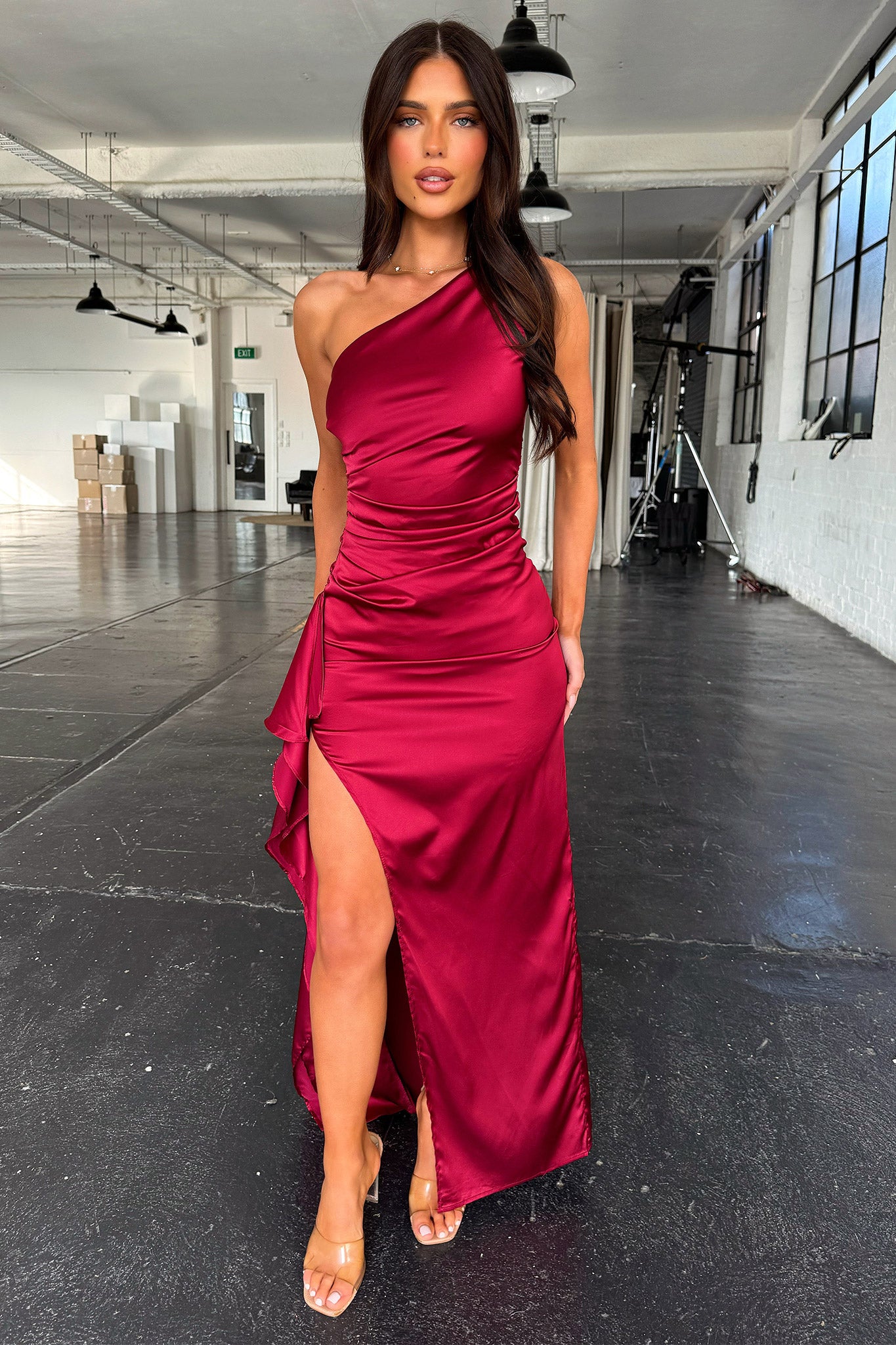 Elianna One Shoulder Satin Maxi Dress - Burgundy-Coutiqo