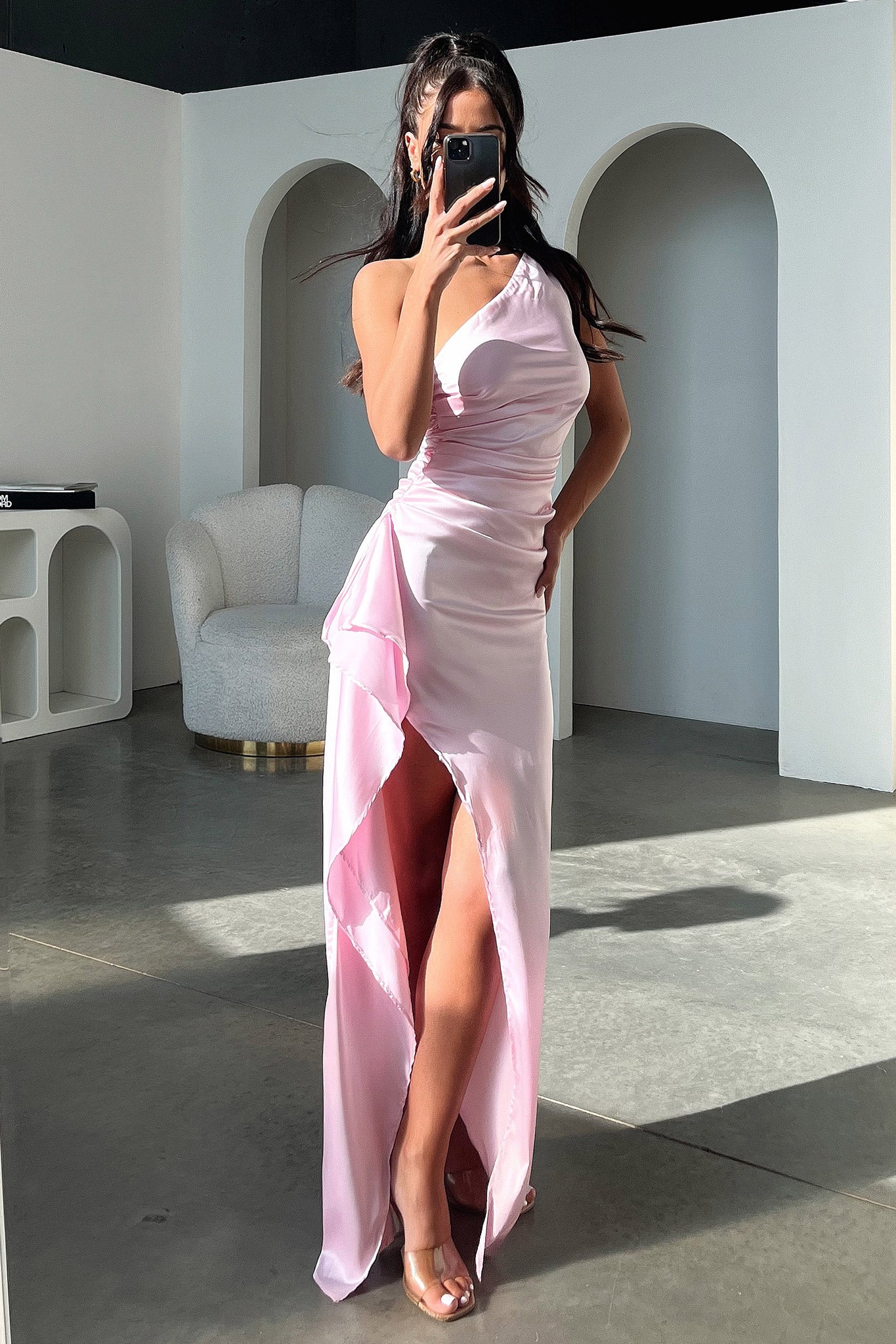 Elianna One Shoulder Satin Maxi Dress - Pink-Coutiqo