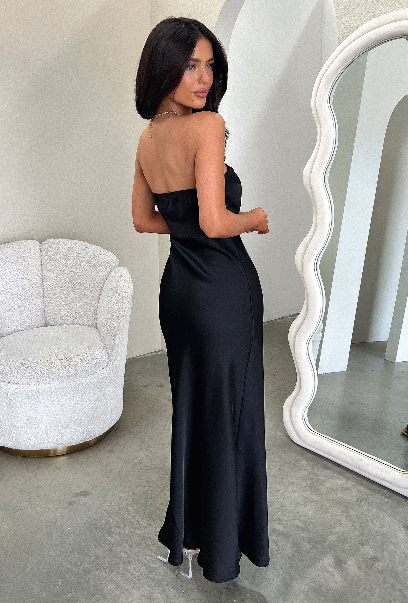 Elio Strapless Satin Maxi Dress - Black-Coutiqo