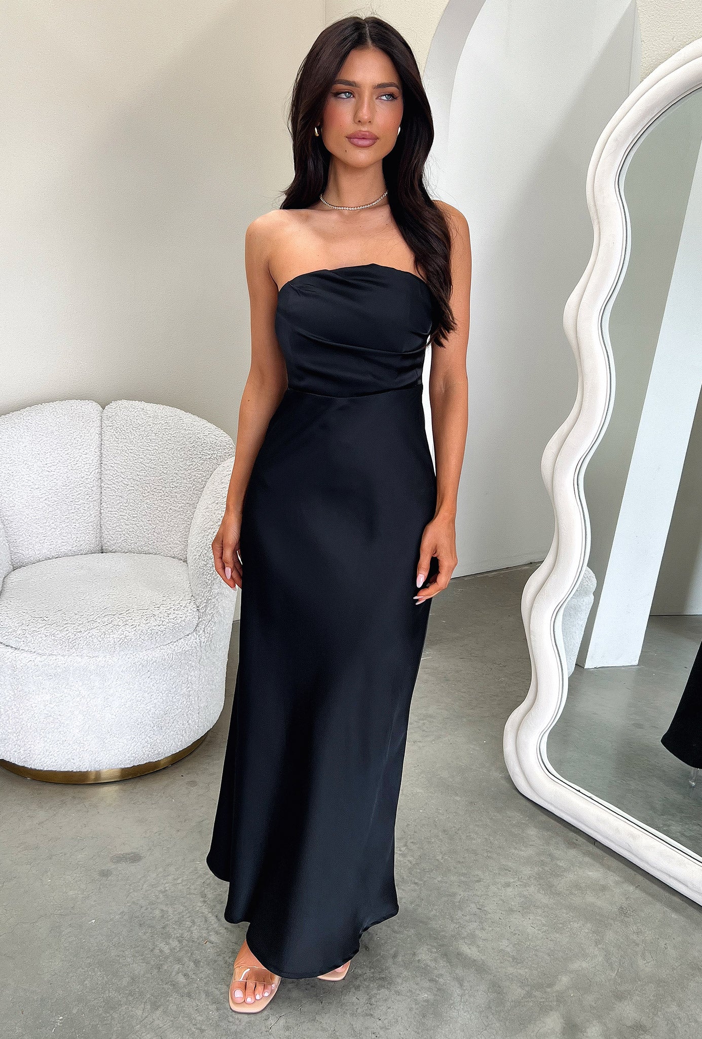 Elio Strapless Satin Maxi Dress - Black-Coutiqo