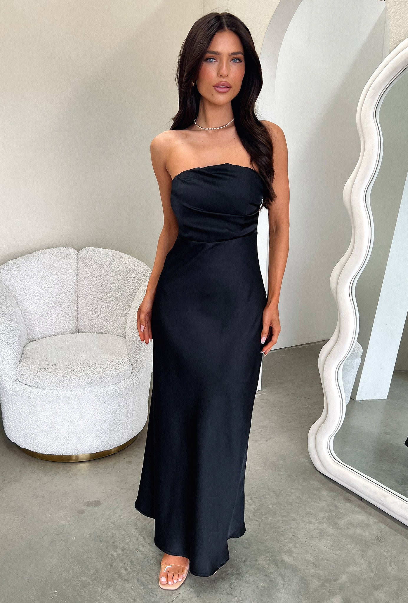 Elio Strapless Satin Maxi Dress - Black-Coutiqo