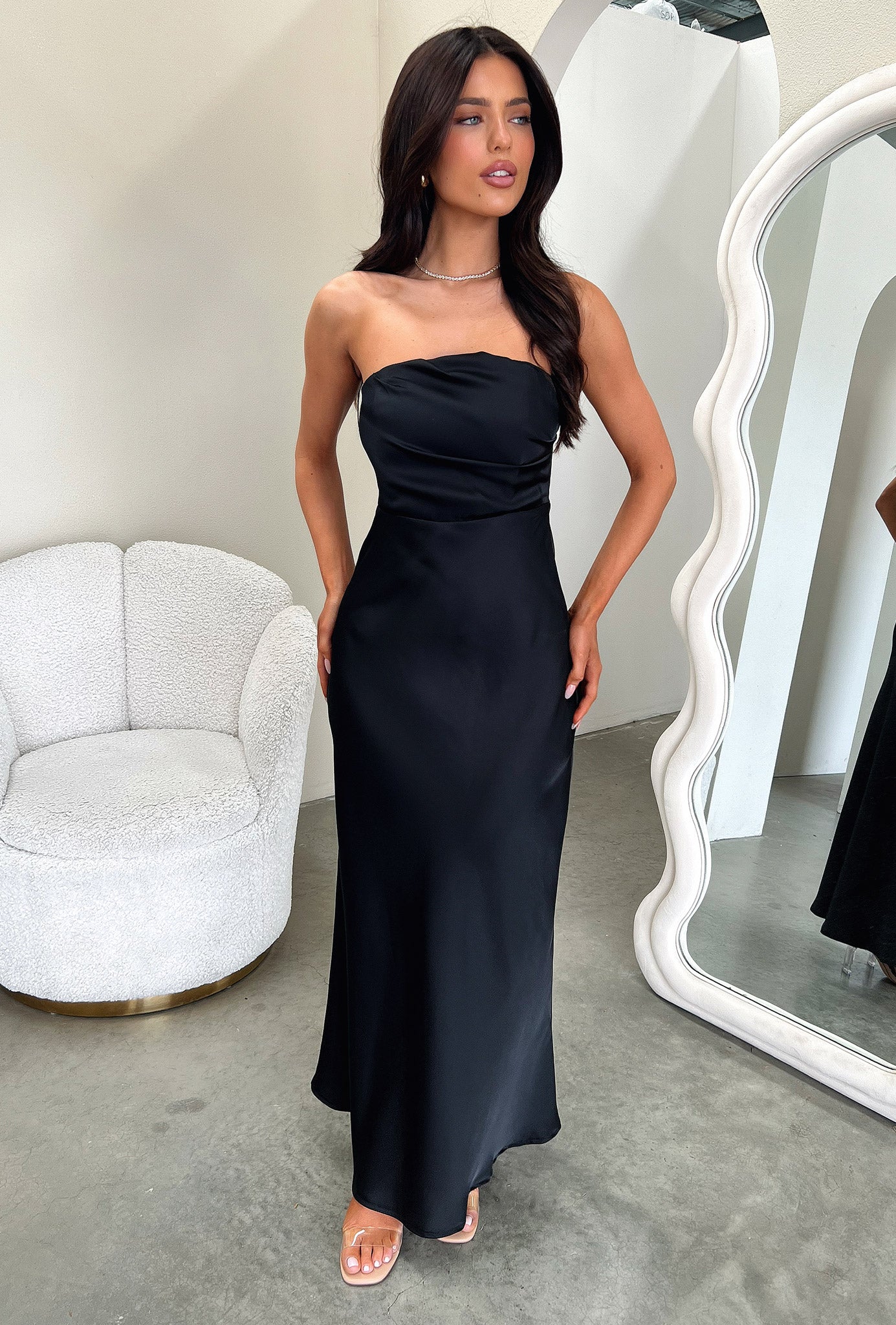 Elio Strapless Satin Maxi Dress - Black-Coutiqo