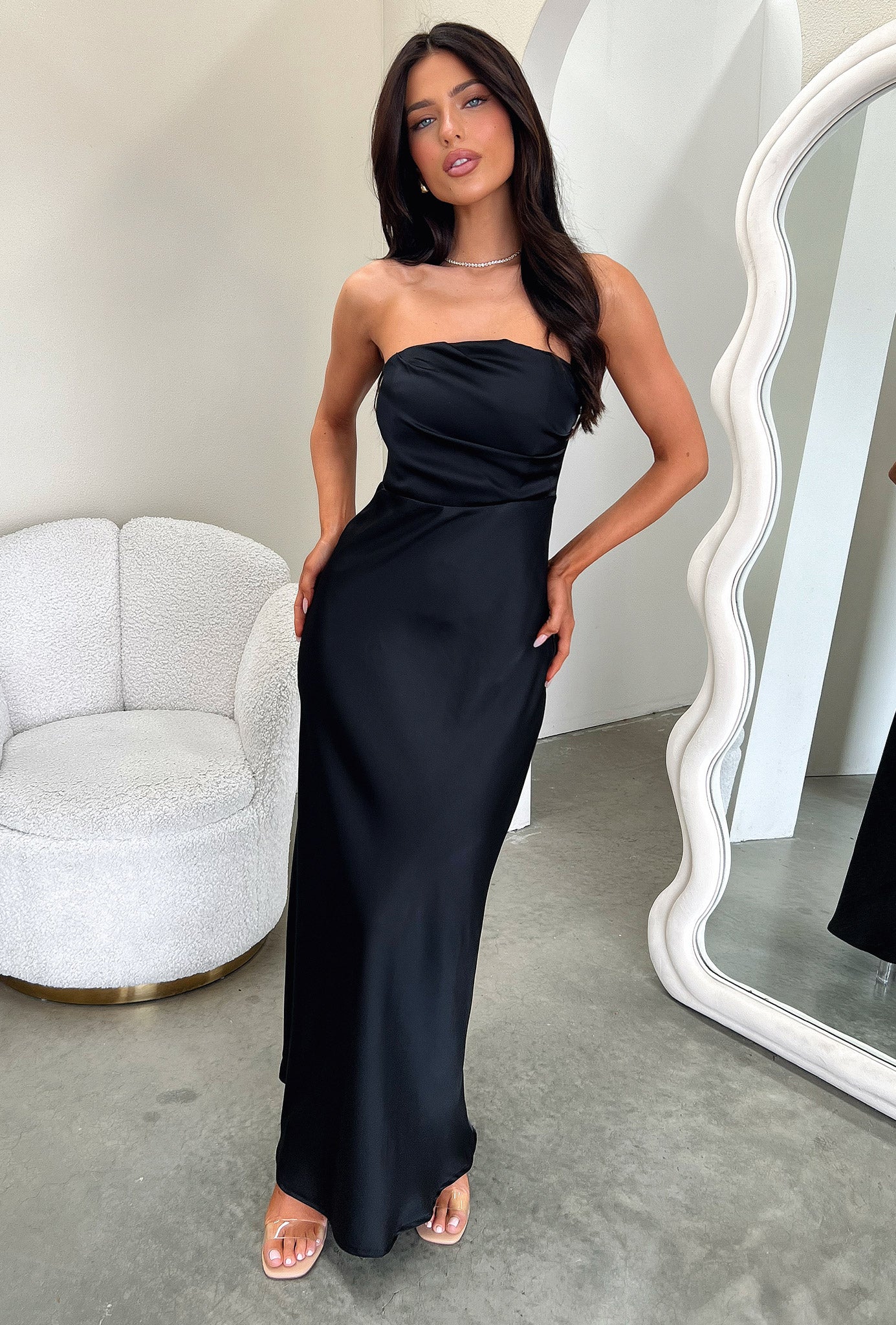 Elio Strapless Satin Maxi Dress - Black-Coutiqo