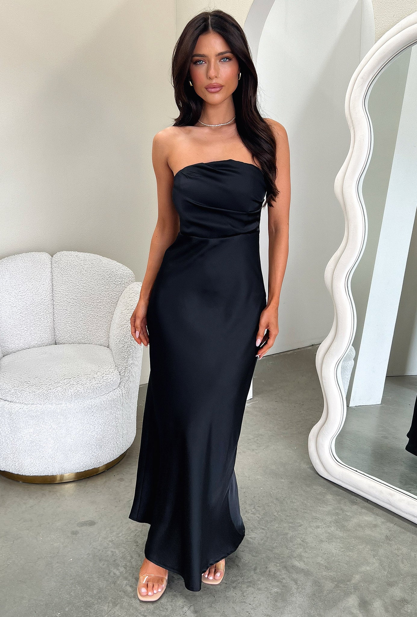 Elio Strapless Satin Maxi Dress - Black-Coutiqo
