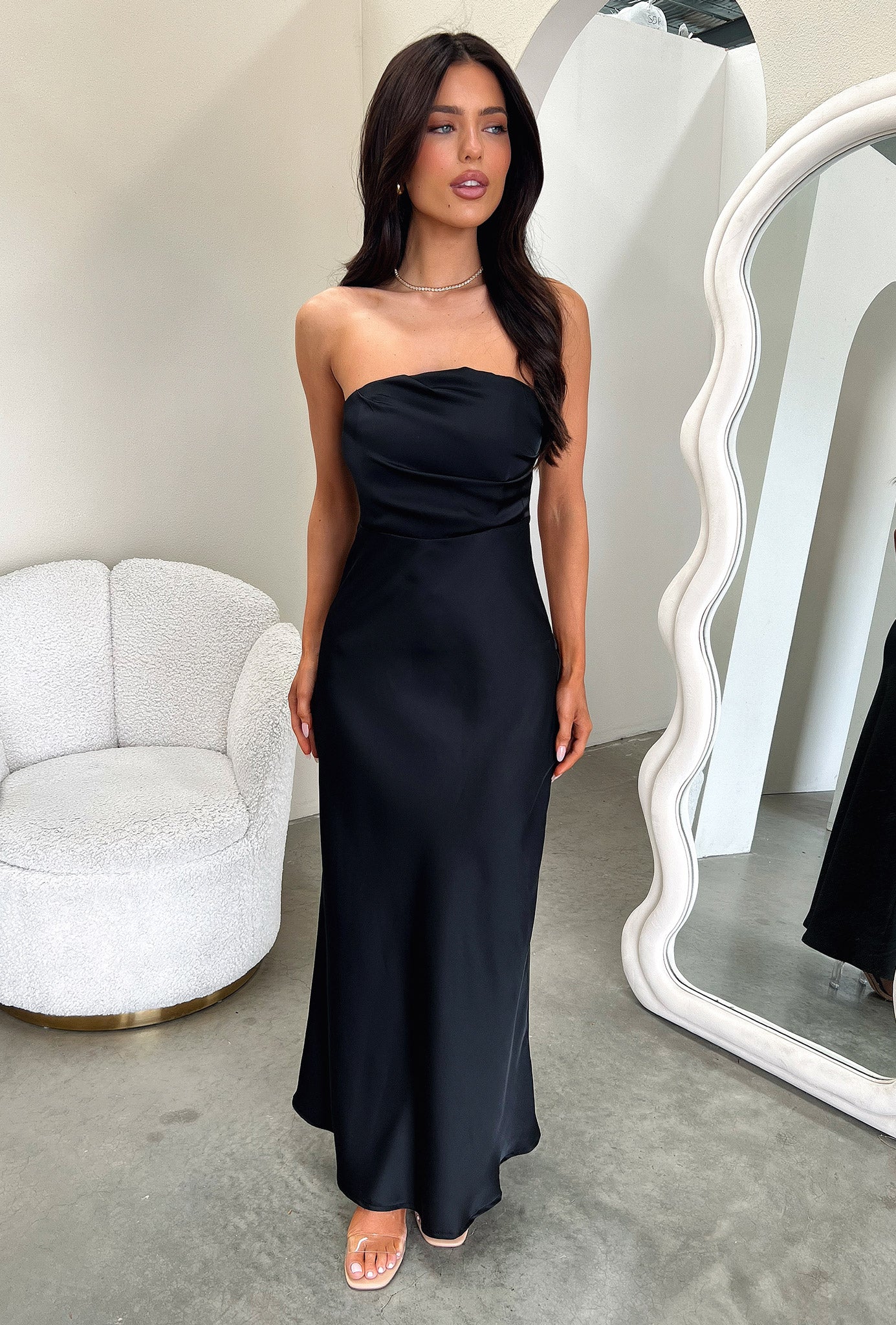 Elio Strapless Satin Maxi Dress - Black-Coutiqo