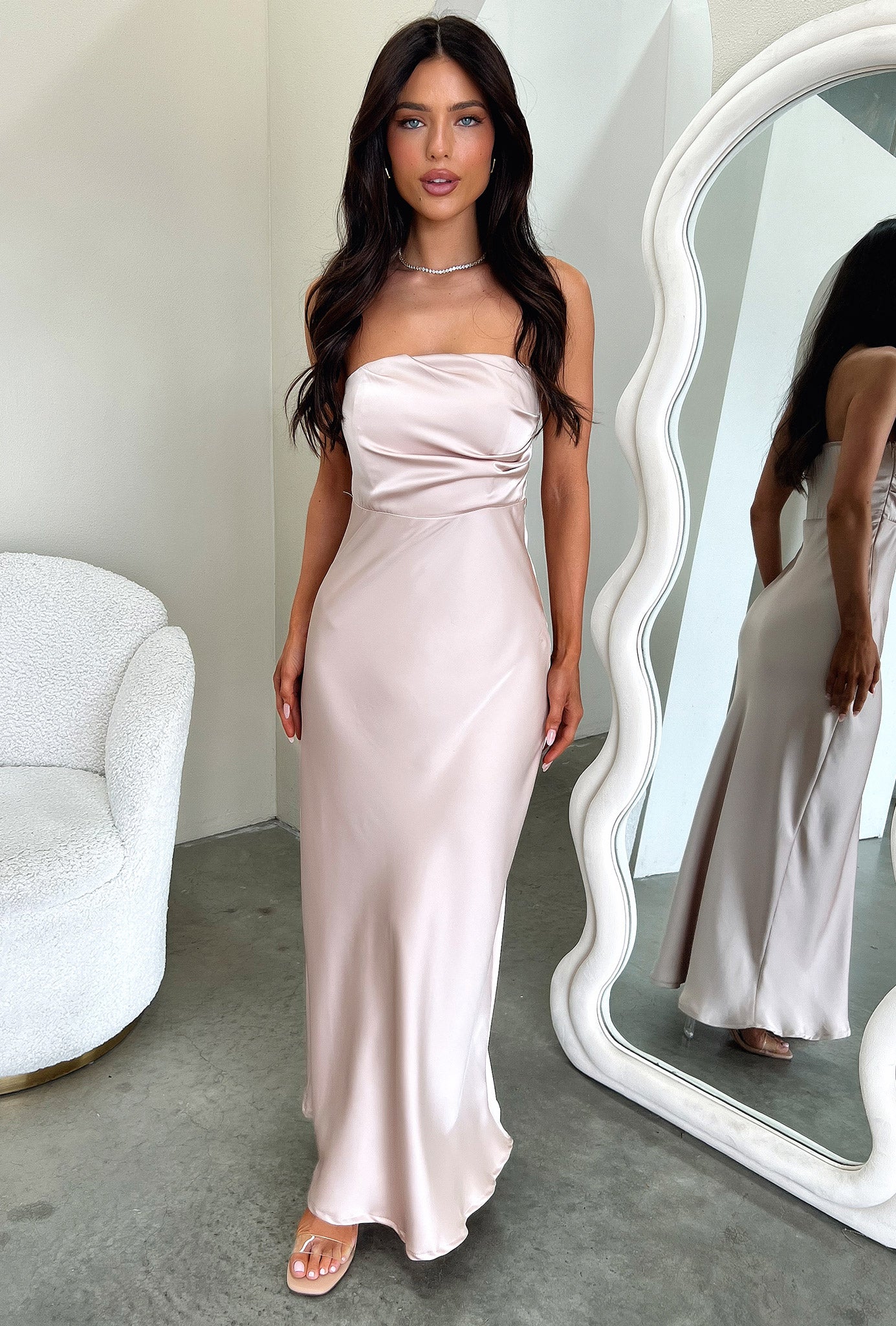 Elio Strapless Satin Maxi Dress - Champagne-Coutiqo