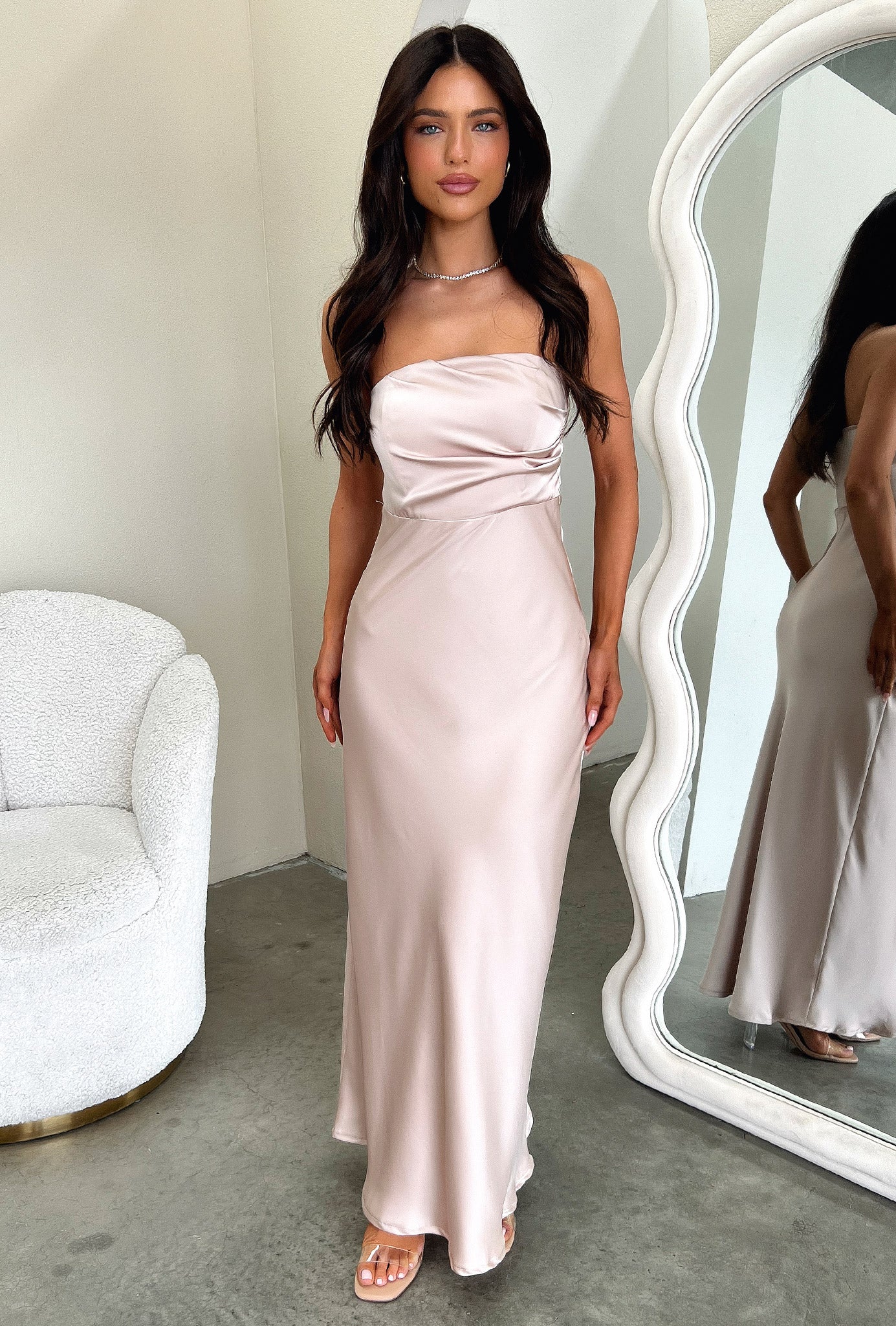 Elio Strapless Satin Maxi Dress - Champagne-Coutiqo