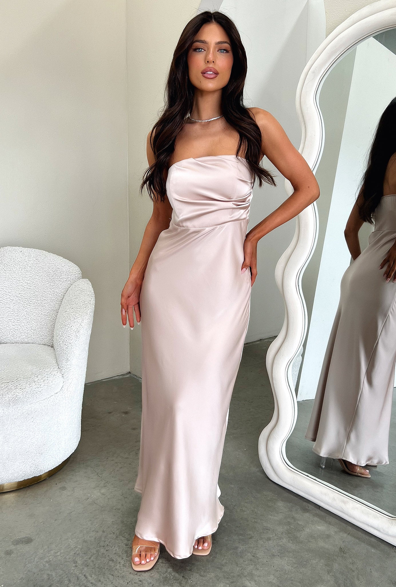 Elio Strapless Satin Maxi Dress - Champagne-Coutiqo