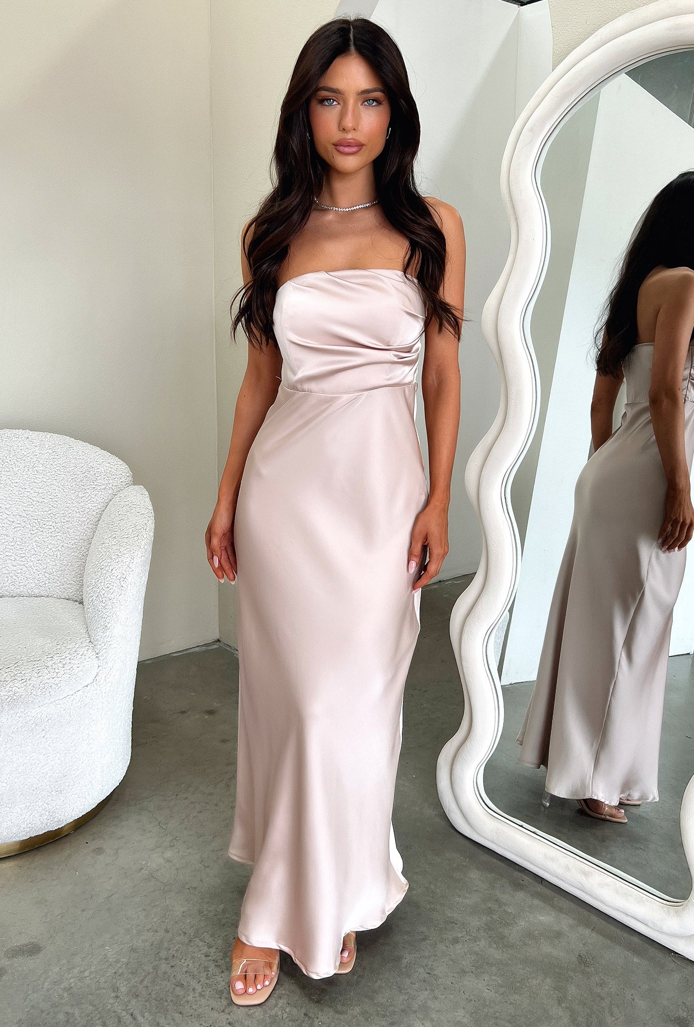 Elio Strapless Satin Maxi Dress - Champagne-Coutiqo