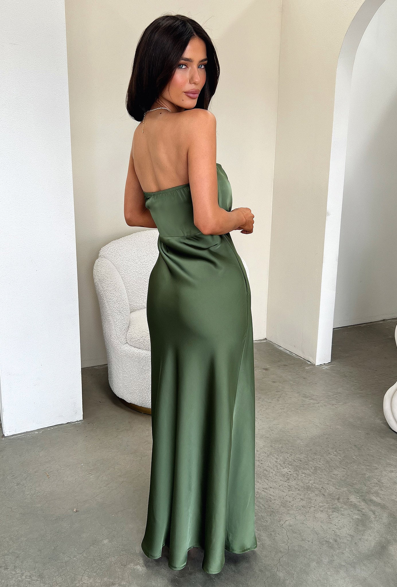 Elio Strapless Satin Maxi Dress - Olive-Coutiqo