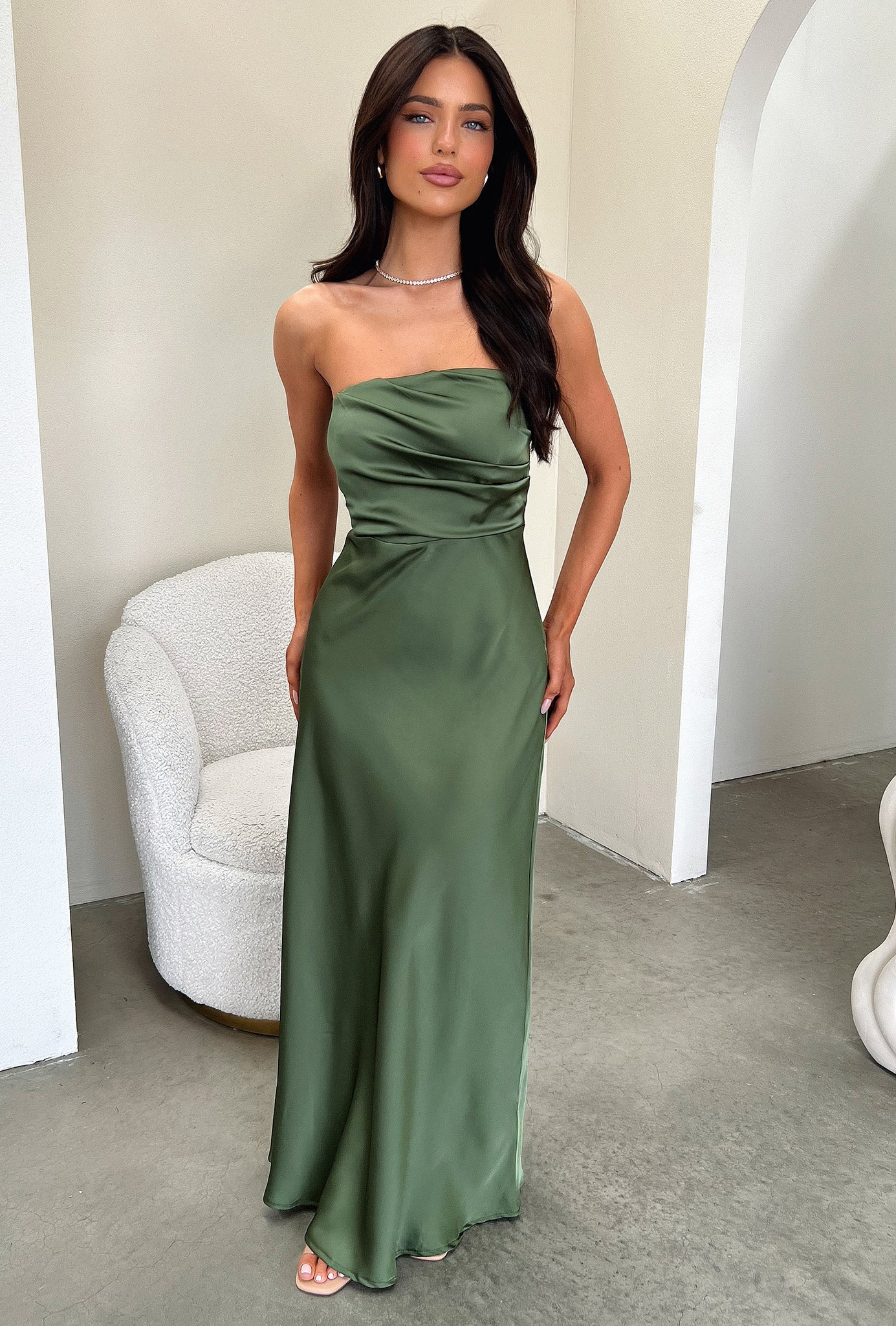 Elio Strapless Satin Maxi Dress - Olive-Coutiqo