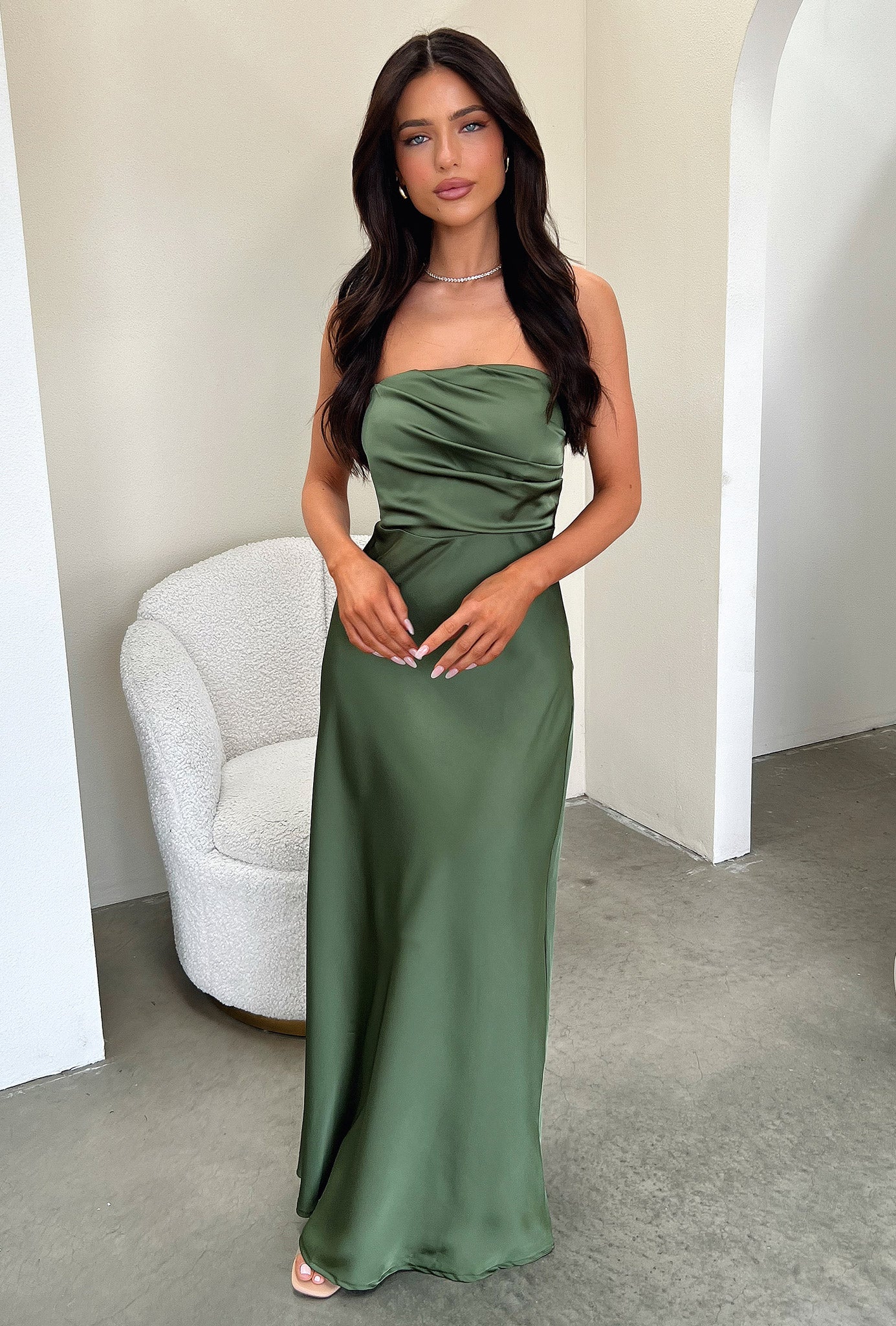 Elio Strapless Satin Maxi Dress - Olive-Coutiqo