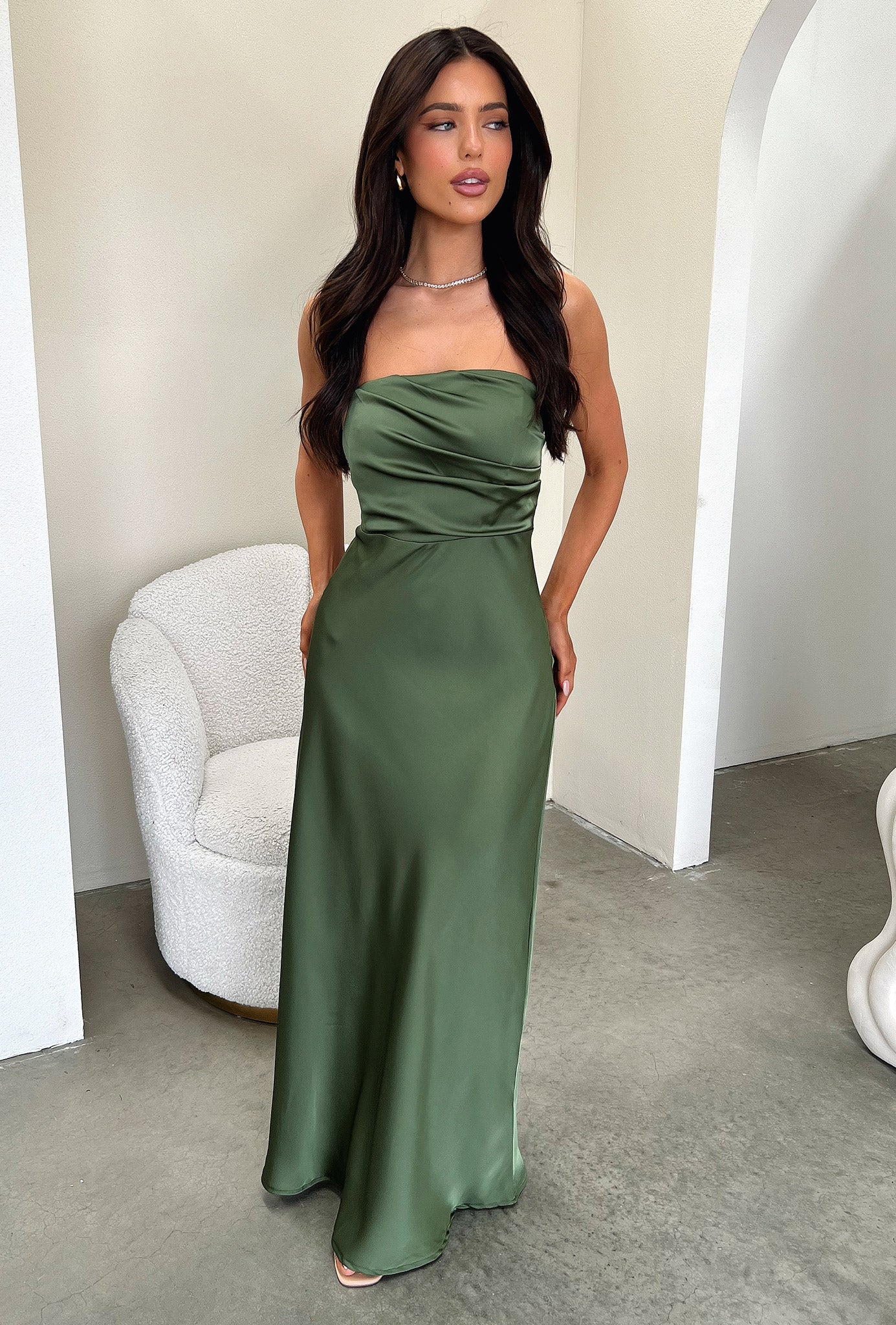 Elio Strapless Satin Maxi Dress - Olive-Coutiqo