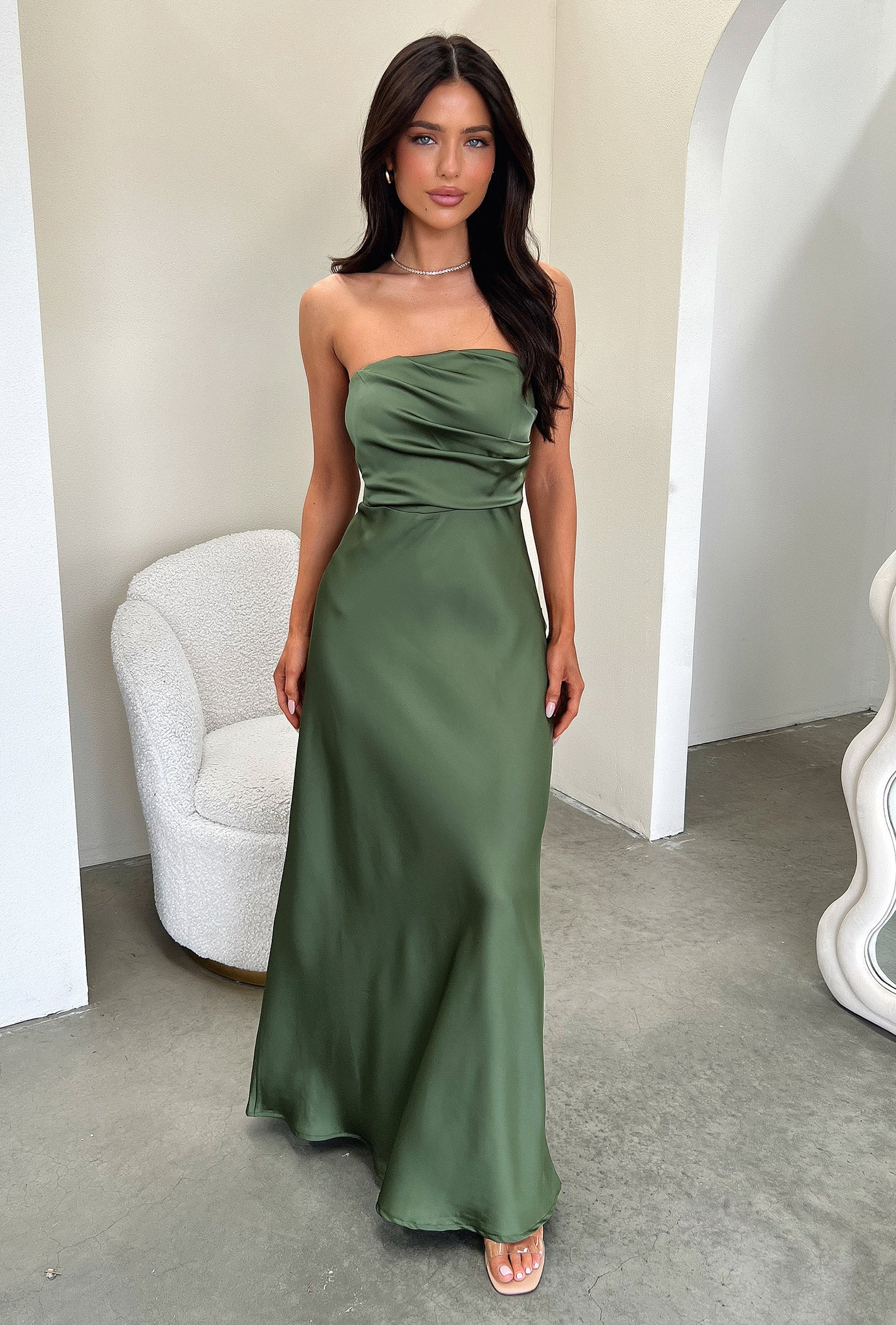 Elio Strapless Satin Maxi Dress - Olive-Coutiqo