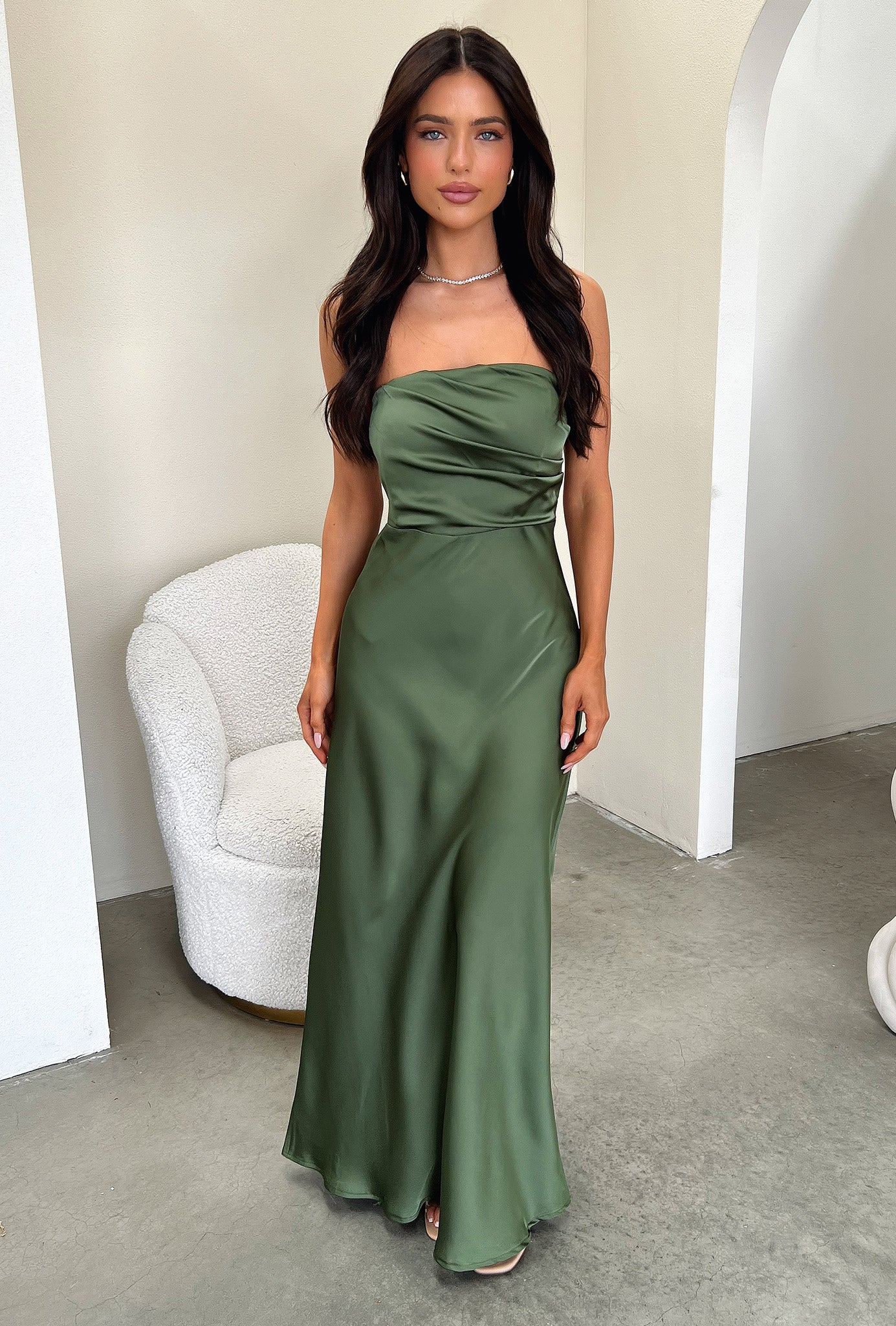 Elio Strapless Satin Maxi Dress - Olive-Coutiqo