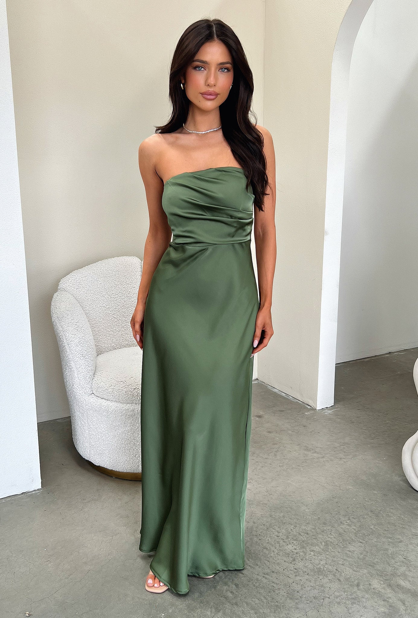 Elio Strapless Satin Maxi Dress - Olive-Coutiqo