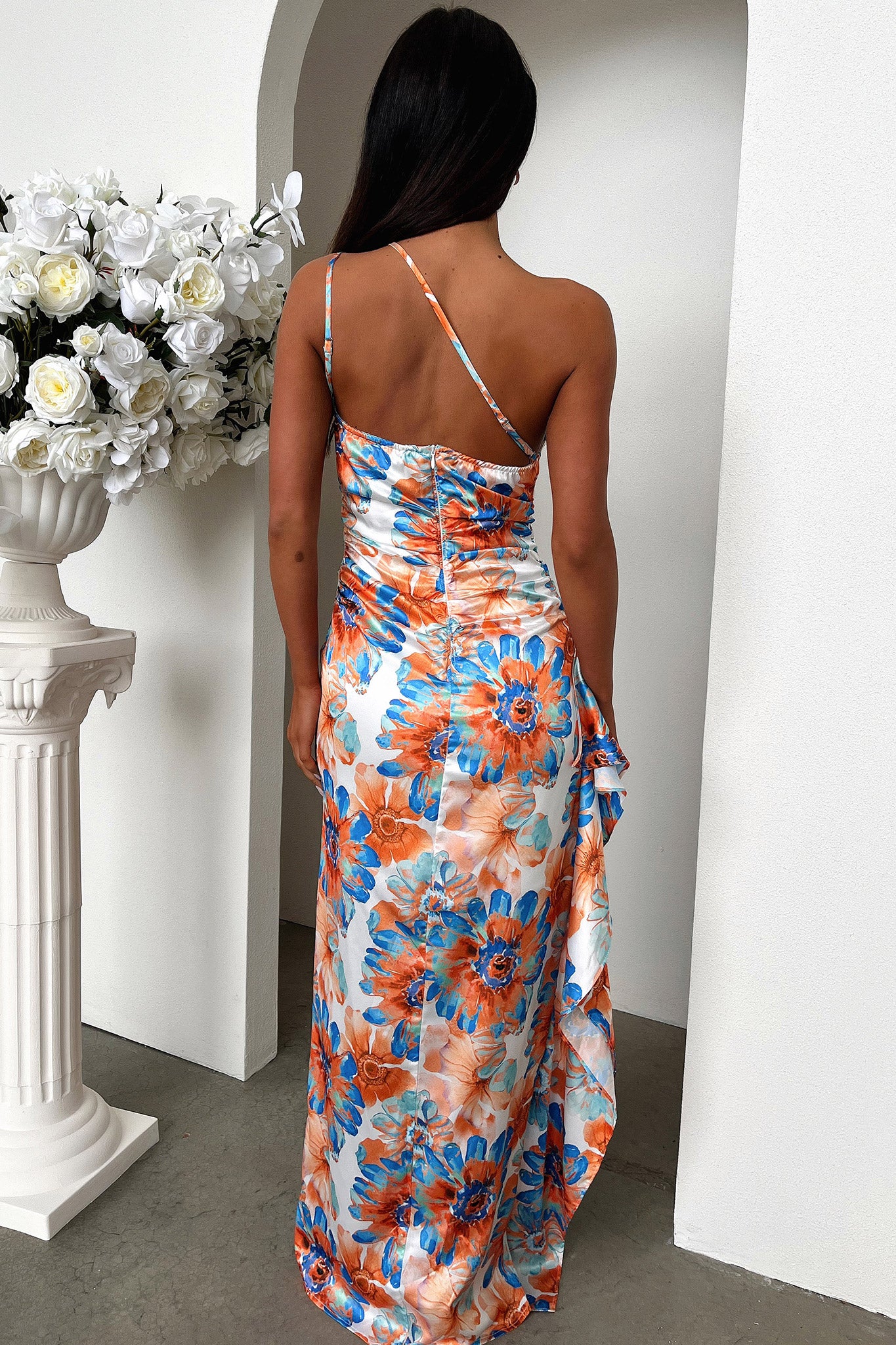 Elianna One Shoulder Satin Maxi Dress - Blue Floral-Coutiqo