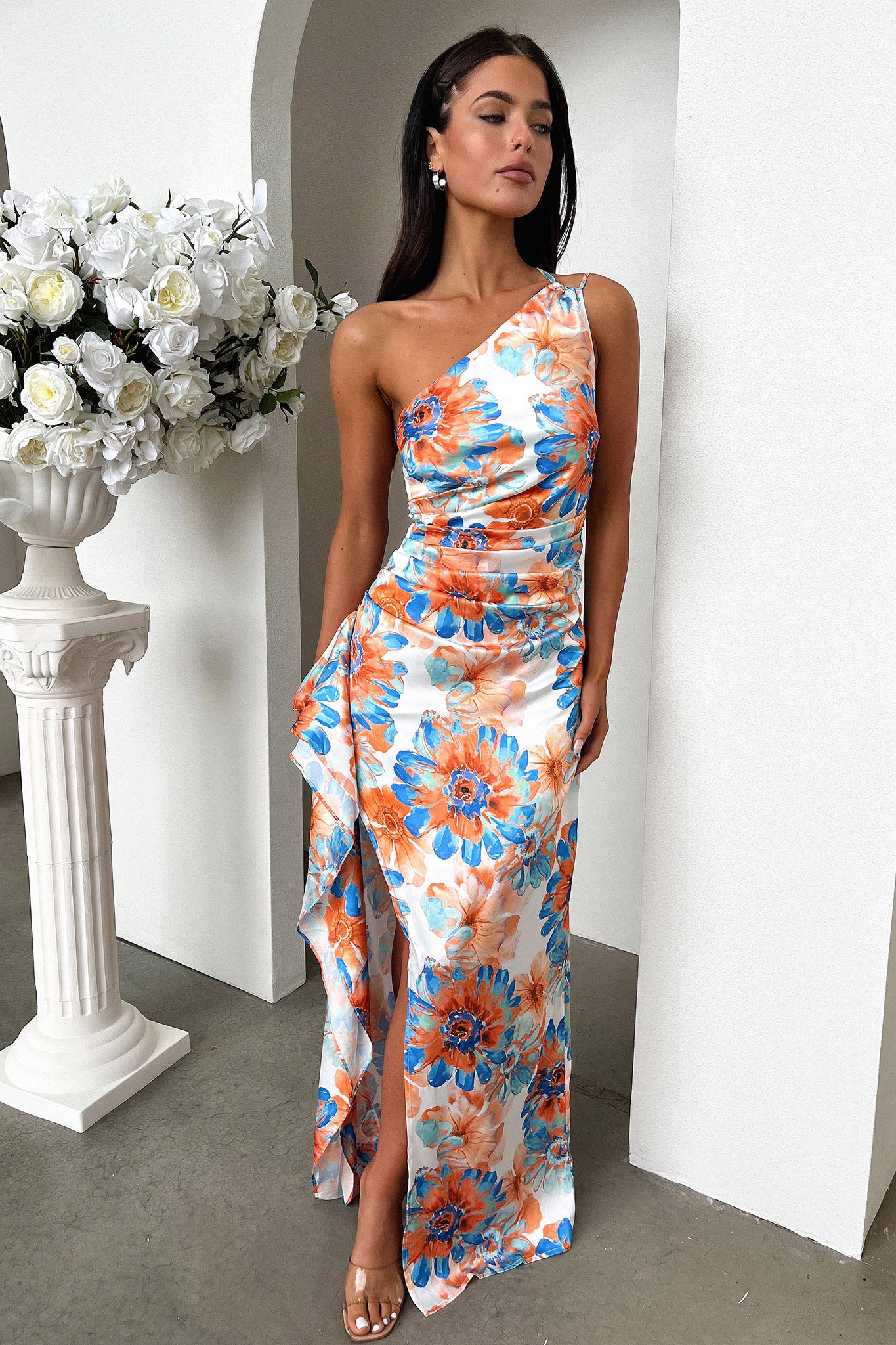 Elianna One Shoulder Satin Maxi Dress - Blue Floral-Coutiqo