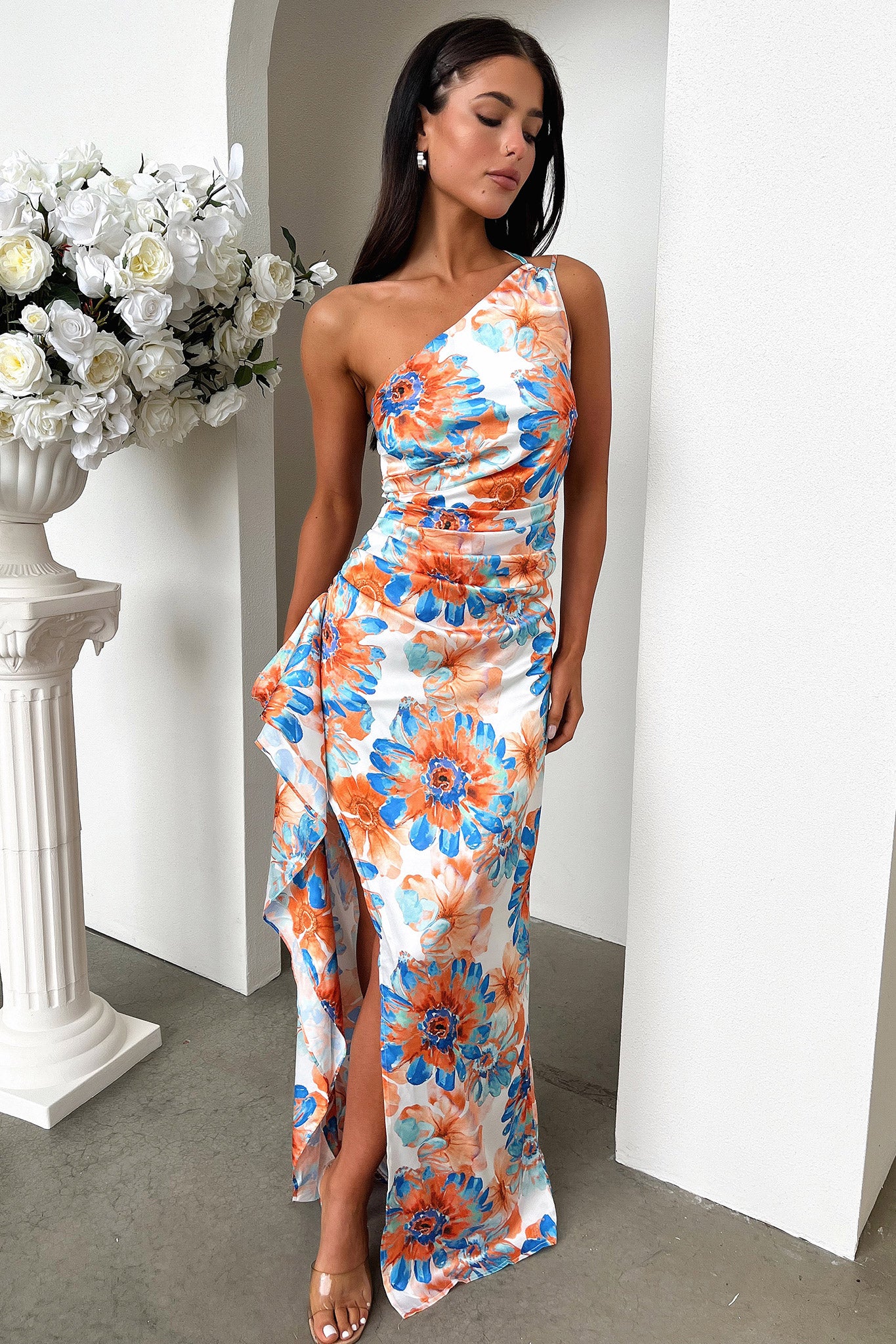 Elianna One Shoulder Satin Maxi Dress - Blue Floral-Coutiqo