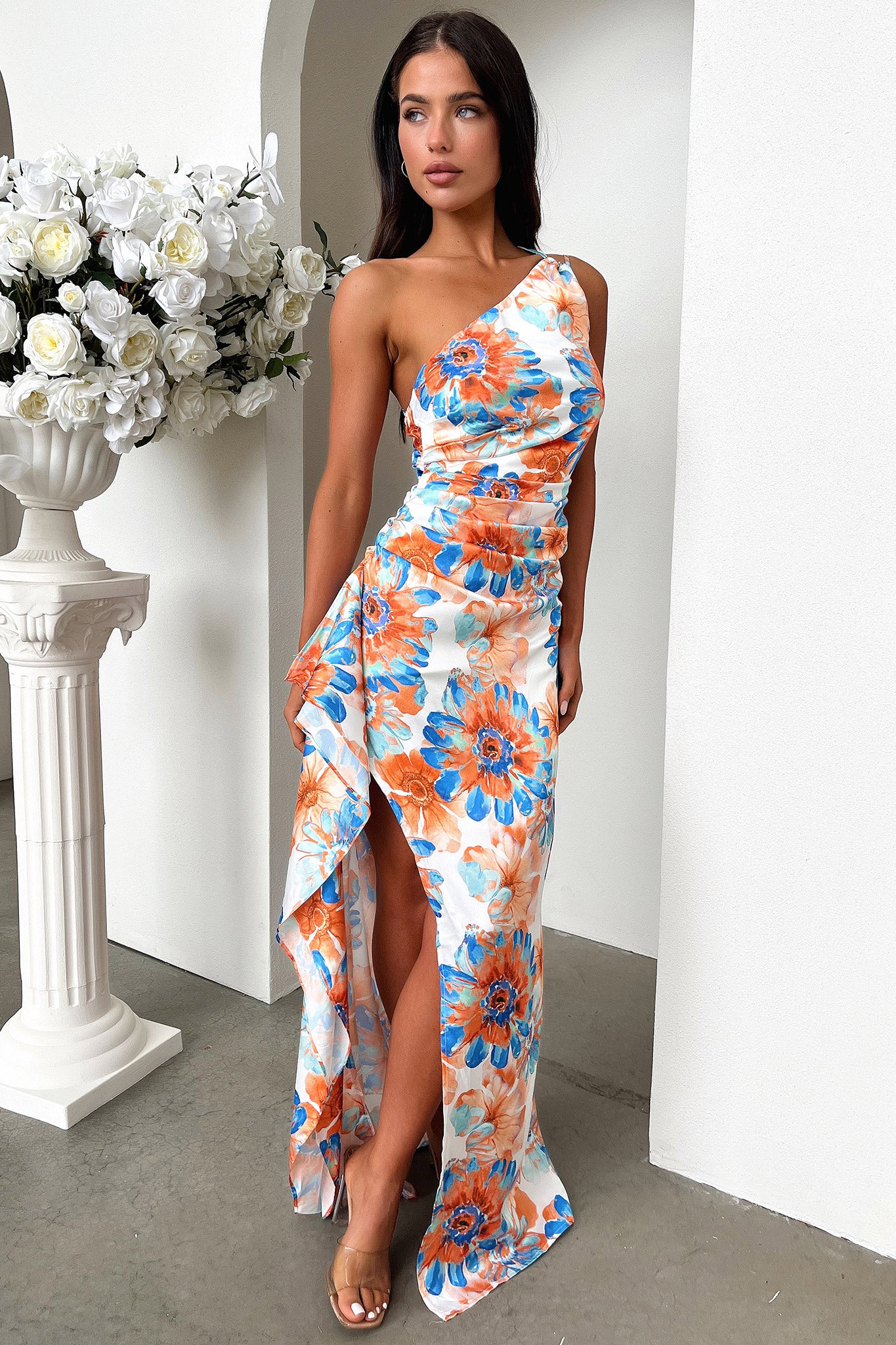 Elianna One Shoulder Satin Maxi Dress - Blue Floral-Coutiqo