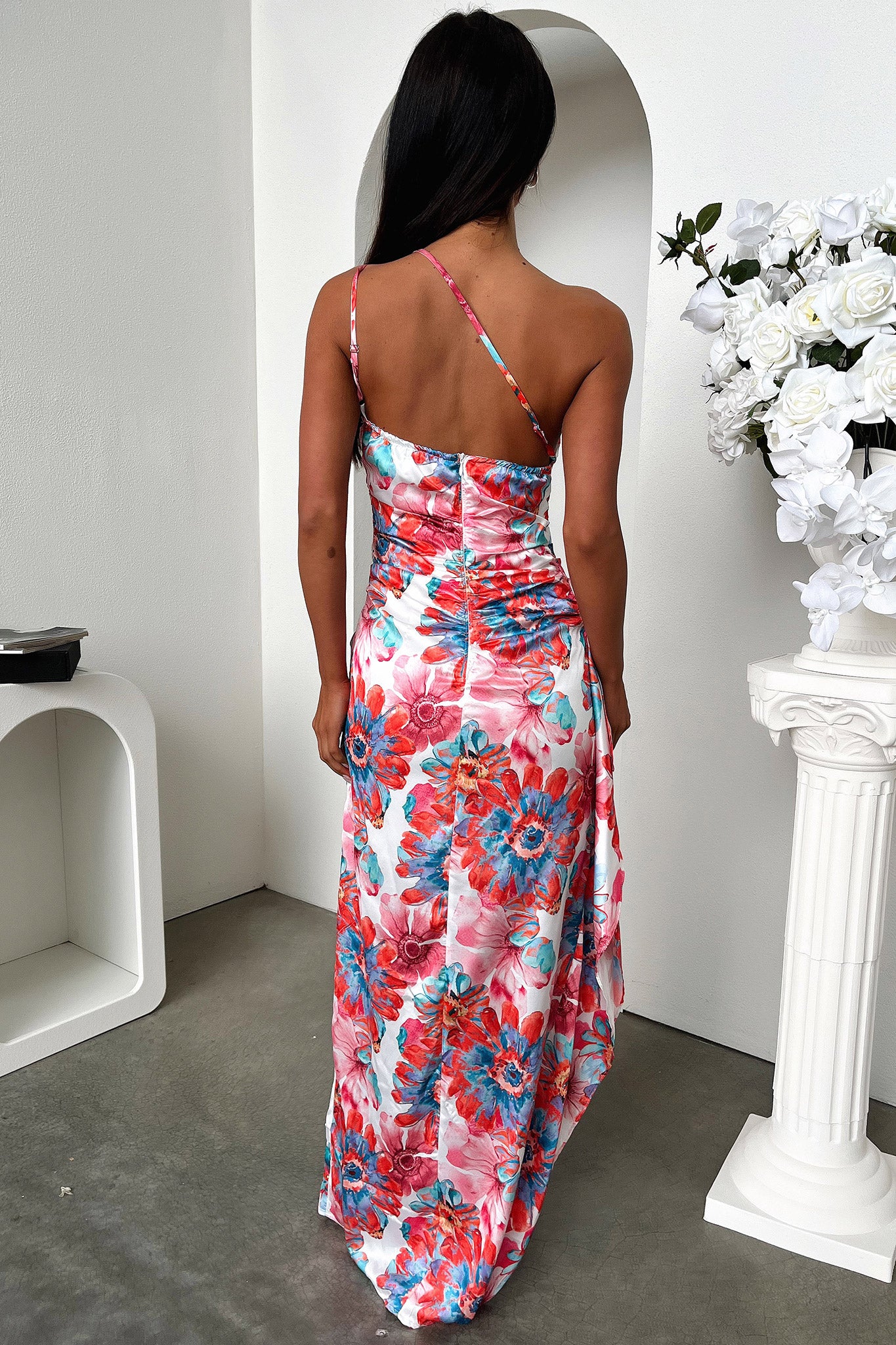 Elianna One Shoulder Satin Maxi Dress - Pink Floral-Coutiqo