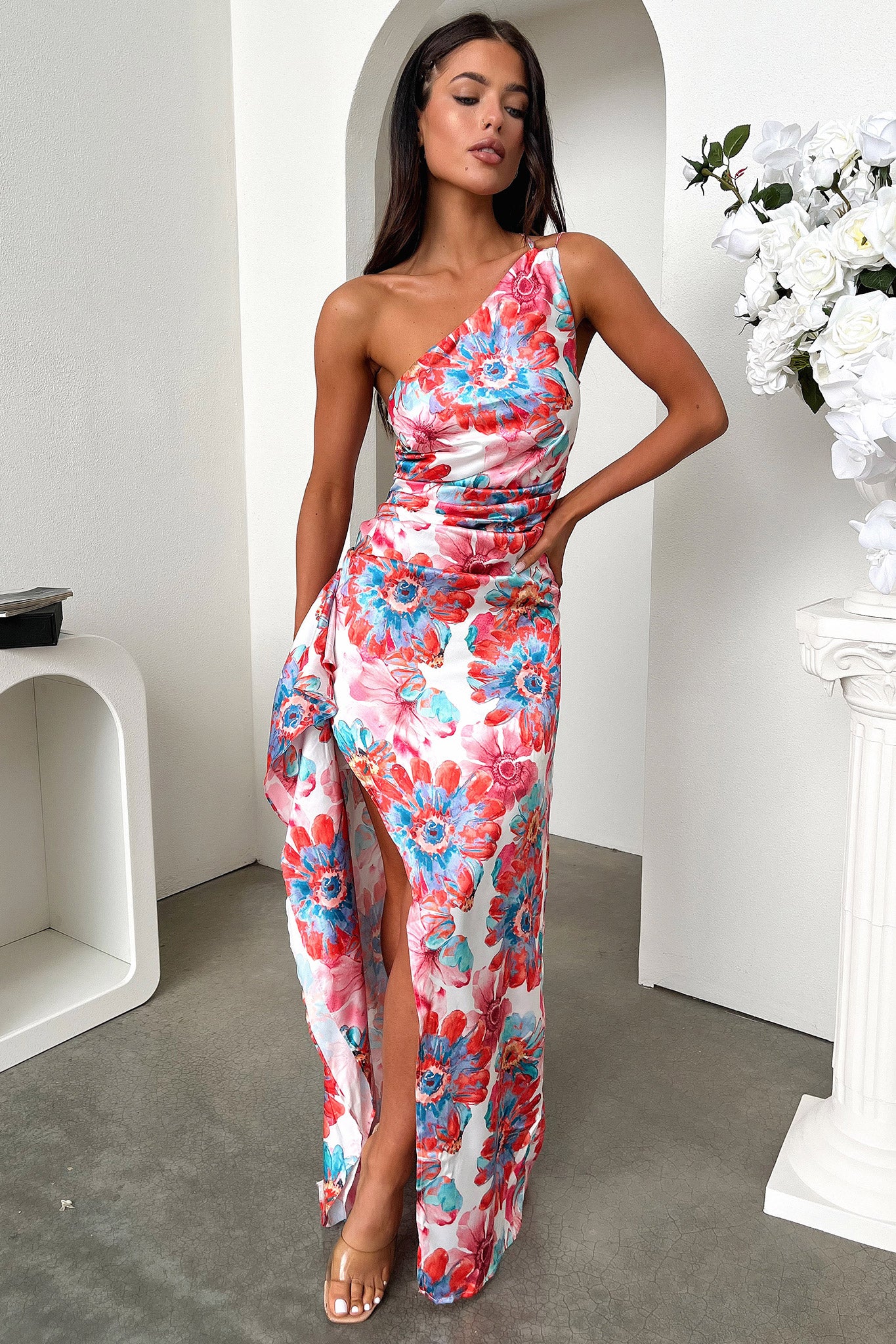 Elianna One Shoulder Satin Maxi Dress - Pink Floral-Coutiqo
