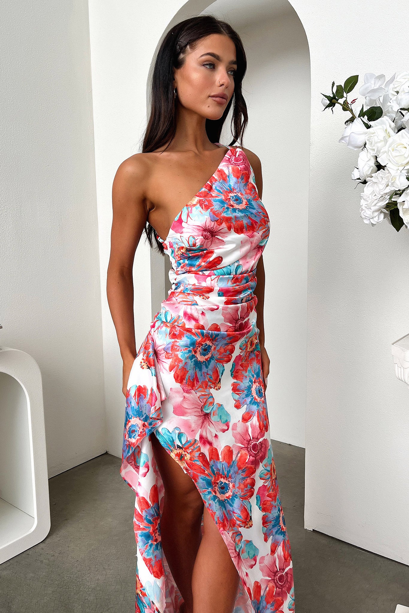 Elianna One Shoulder Satin Maxi Dress - Pink Floral-Coutiqo