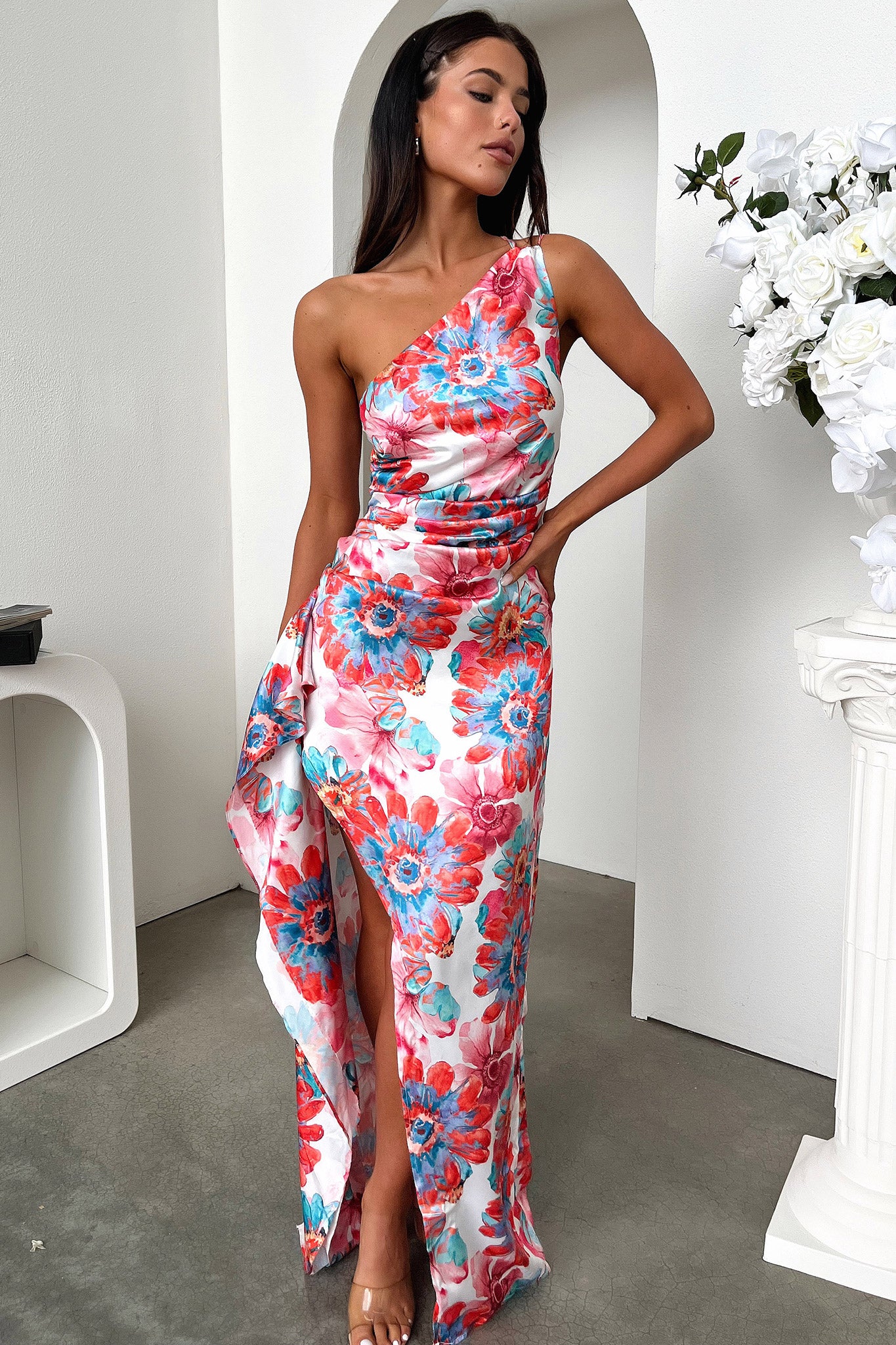 Elianna One Shoulder Satin Maxi Dress - Pink Floral-Coutiqo