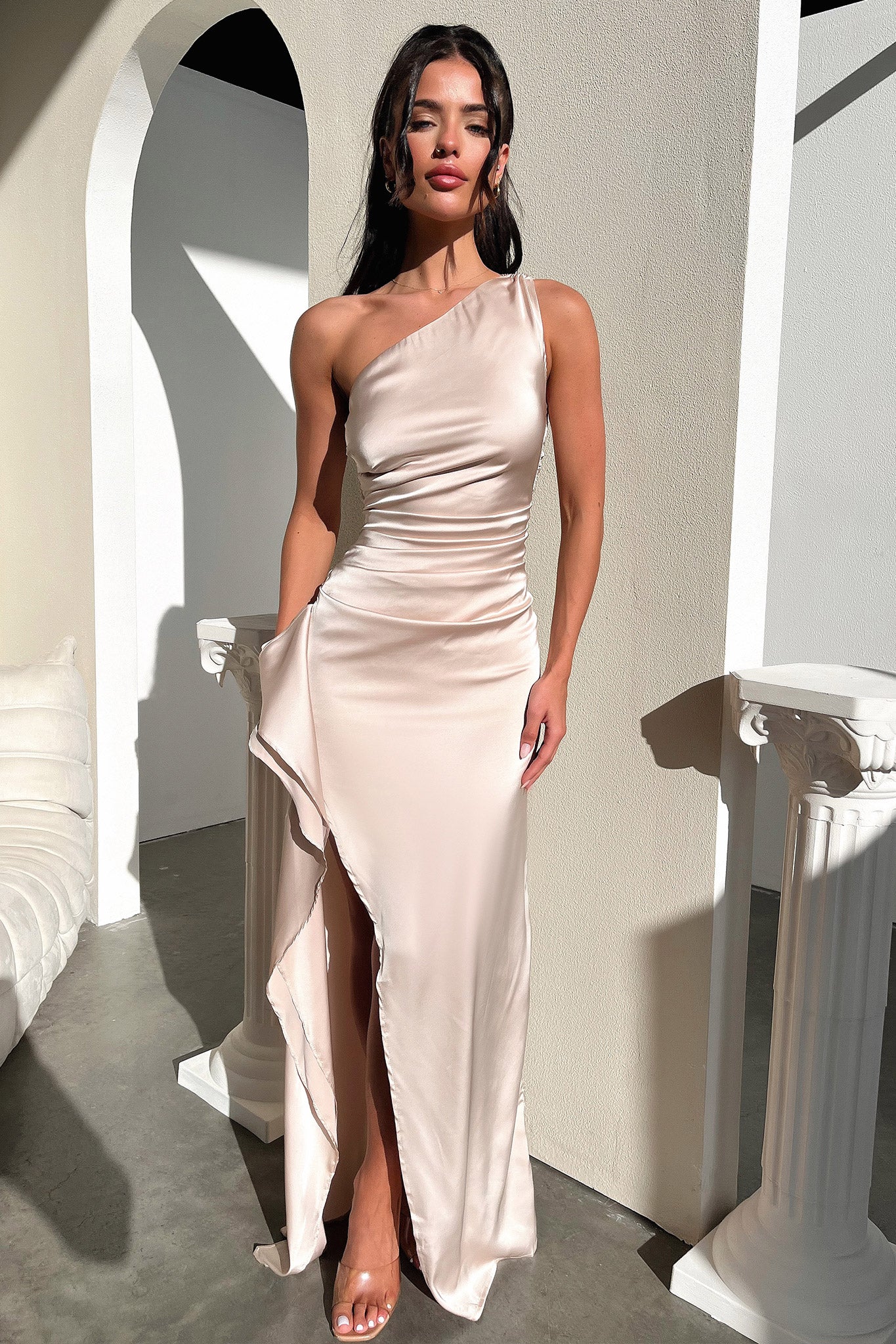Elianna One Shoulder Satin Maxi Dress - Champagne-Coutiqo