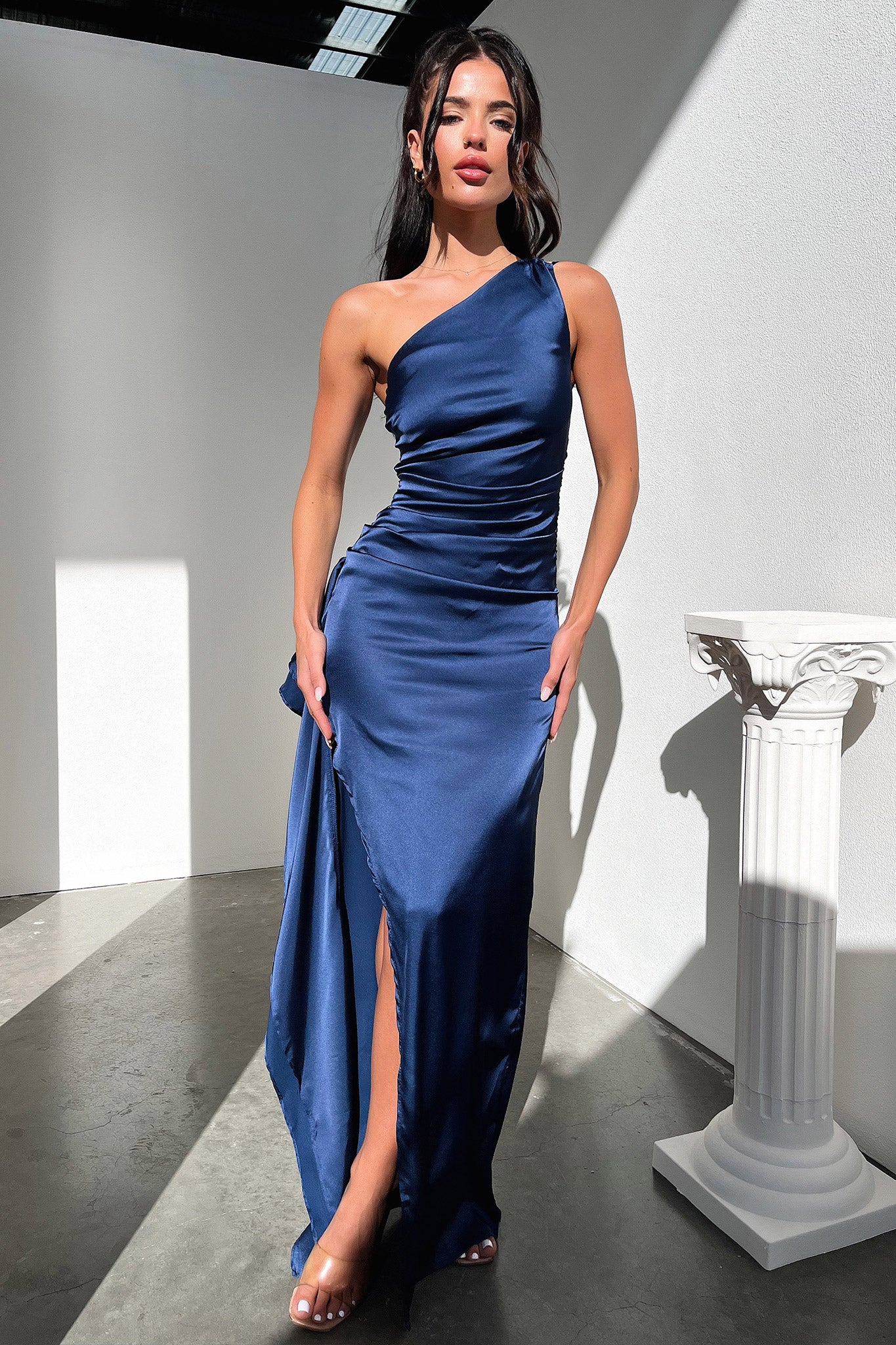 Elianna One Shoulder Satin Maxi Dress - Navy-Coutiqo