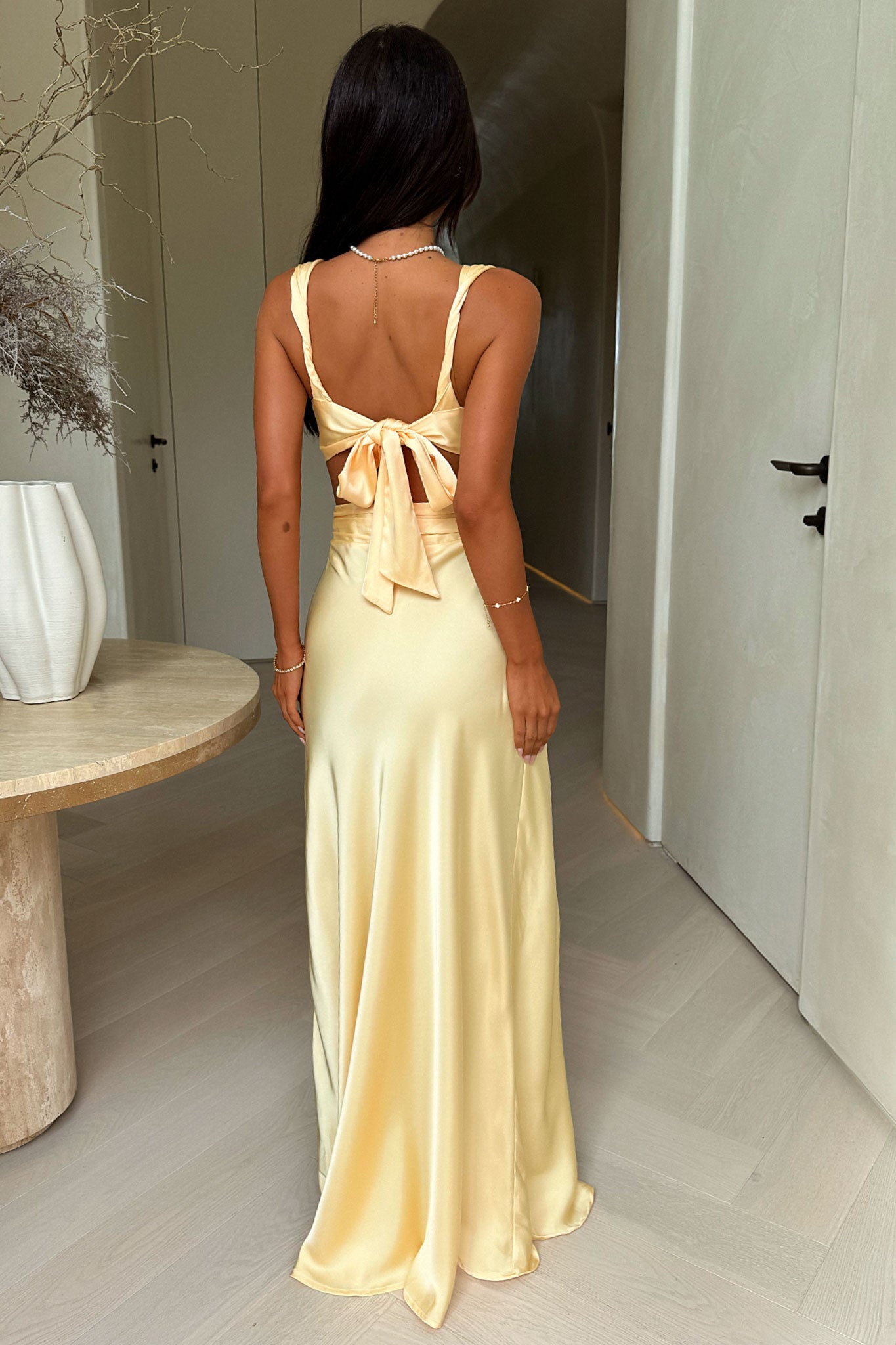 Emeline V-Neck Satin Maxi Dress - Yellow-Coutiqo