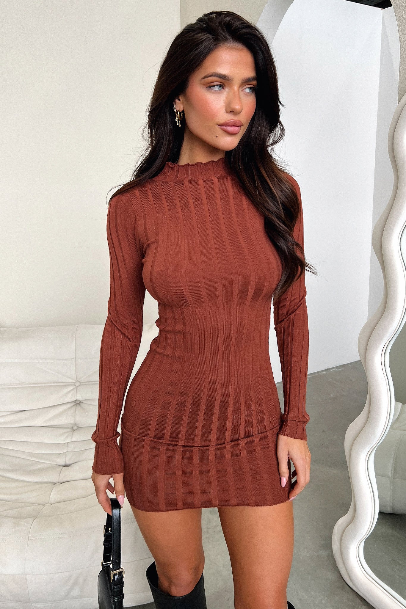 Emily Long Sleeve Turtle Neck Dress - Brown-Coutiqo