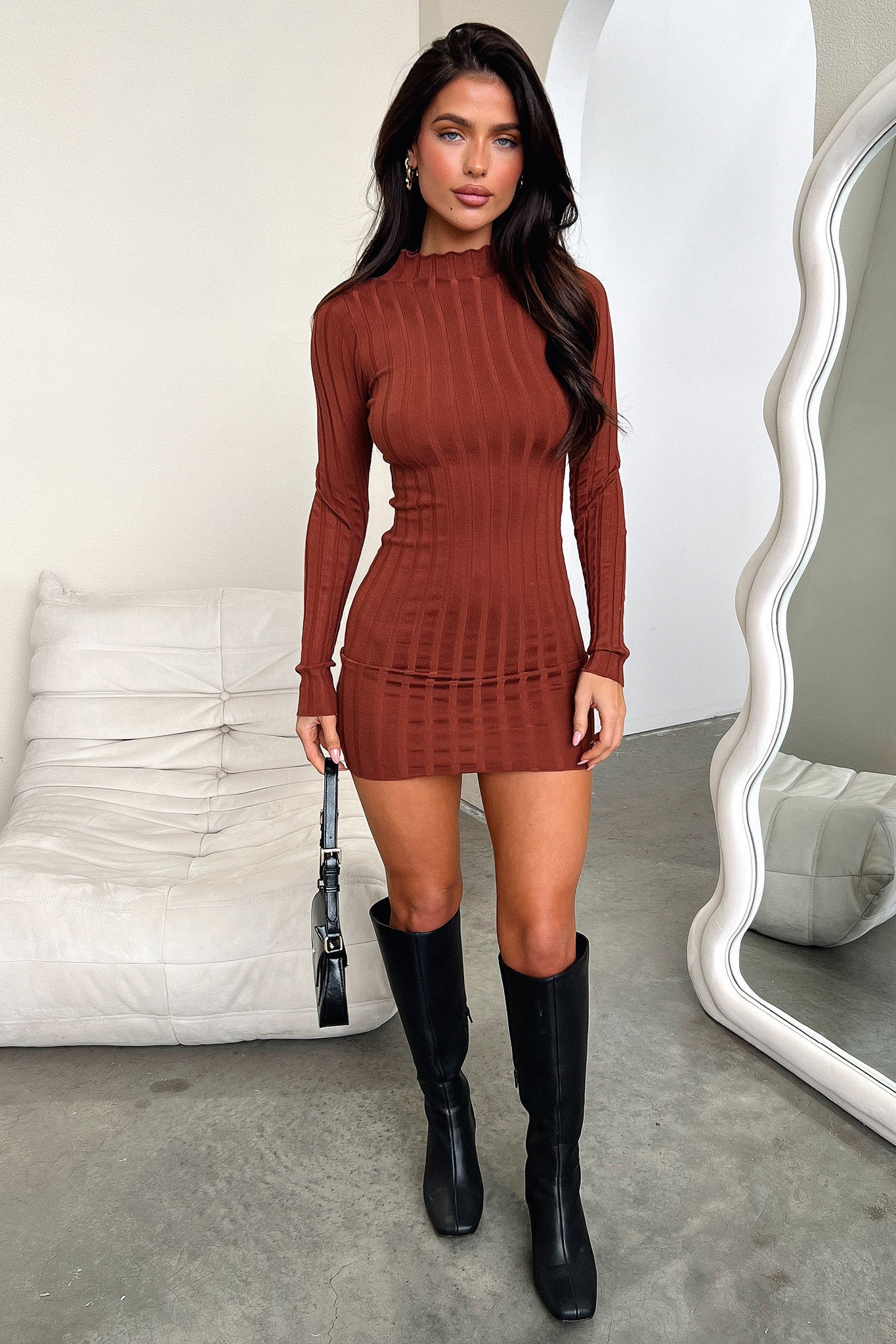 Emily Long Sleeve Turtle Neck Dress - Brown-Coutiqo