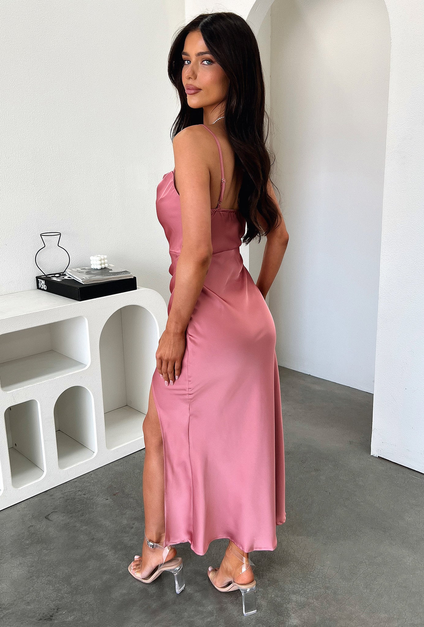 Evelyn Satin Cowl Neck Midi Dress - Rose-Coutiqo