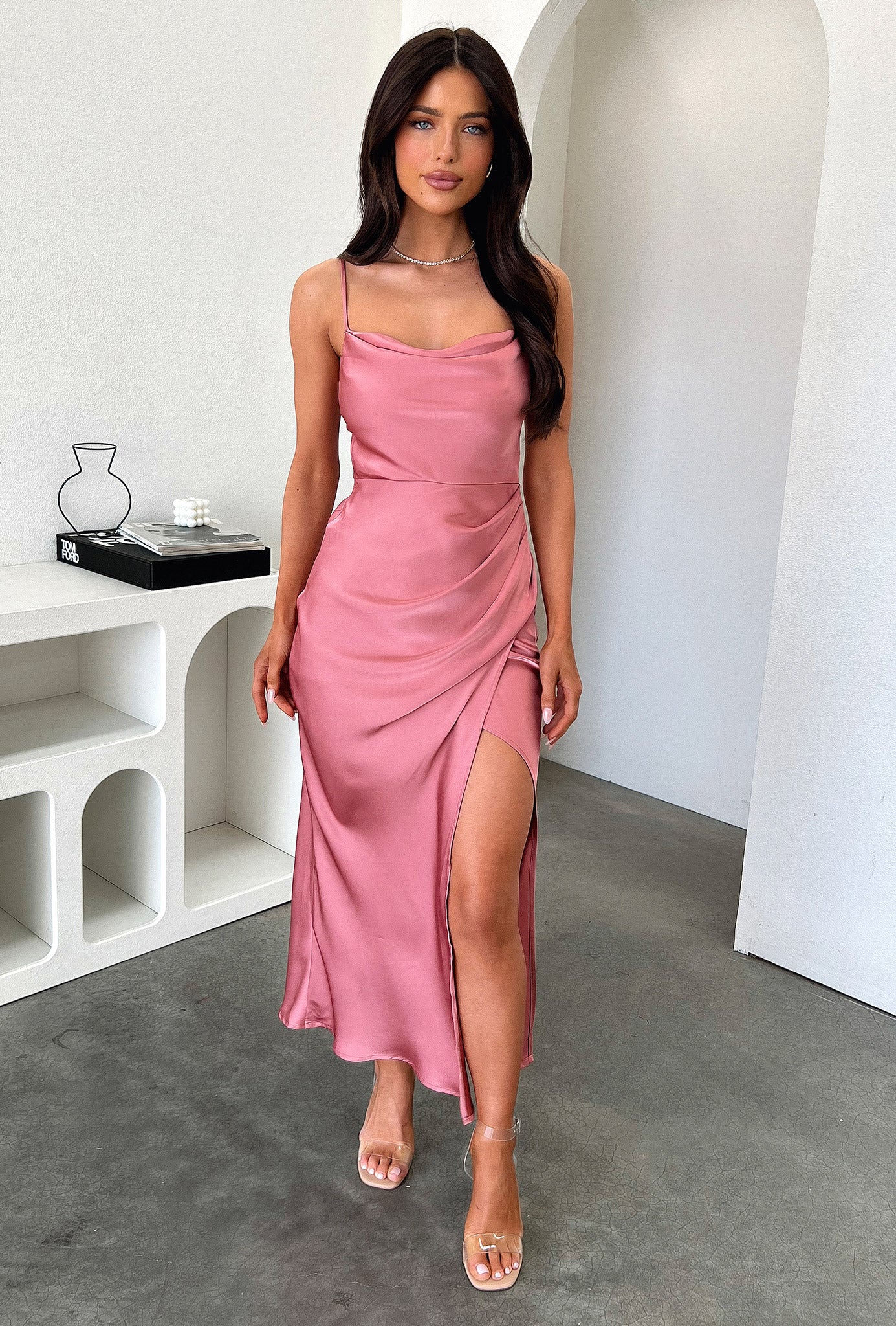 Evelyn Satin Cowl Neck Midi Dress - Rose-Coutiqo