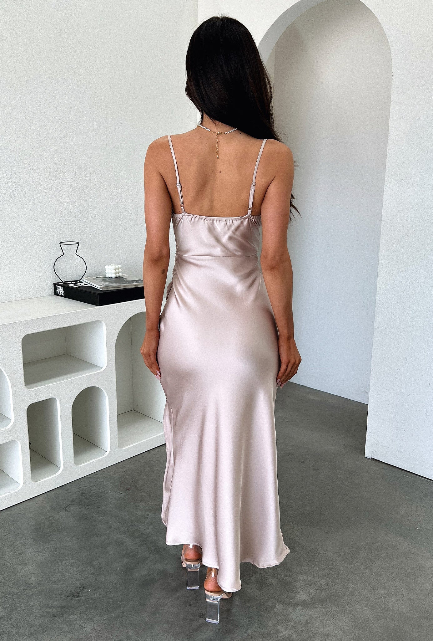 Evelyn Satin Cowl Neck Midi Dress - Champagne-Coutiqo